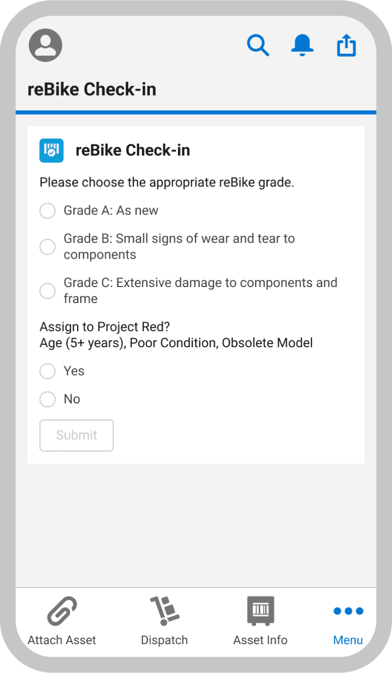 A mobile screenshot displaying the Radio Buttons of the WMS App check In feature.