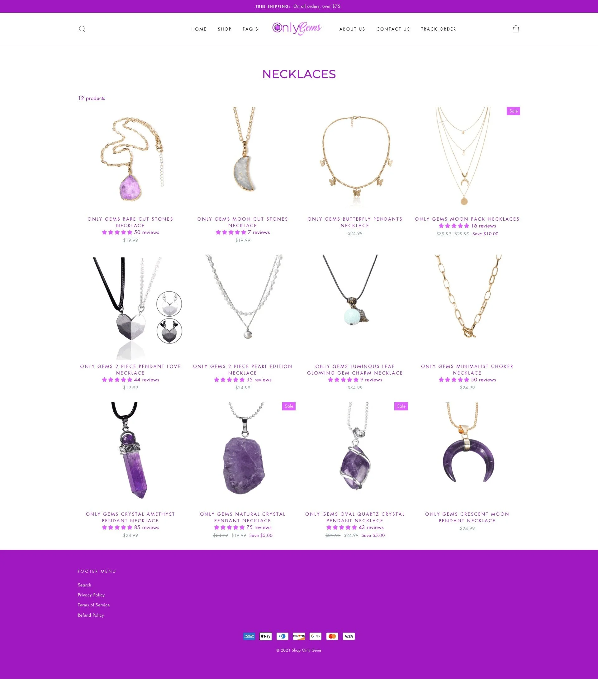 Necklaces page for shoponlygems website developed & designed by Dreams Agency Mississauga, Ontario