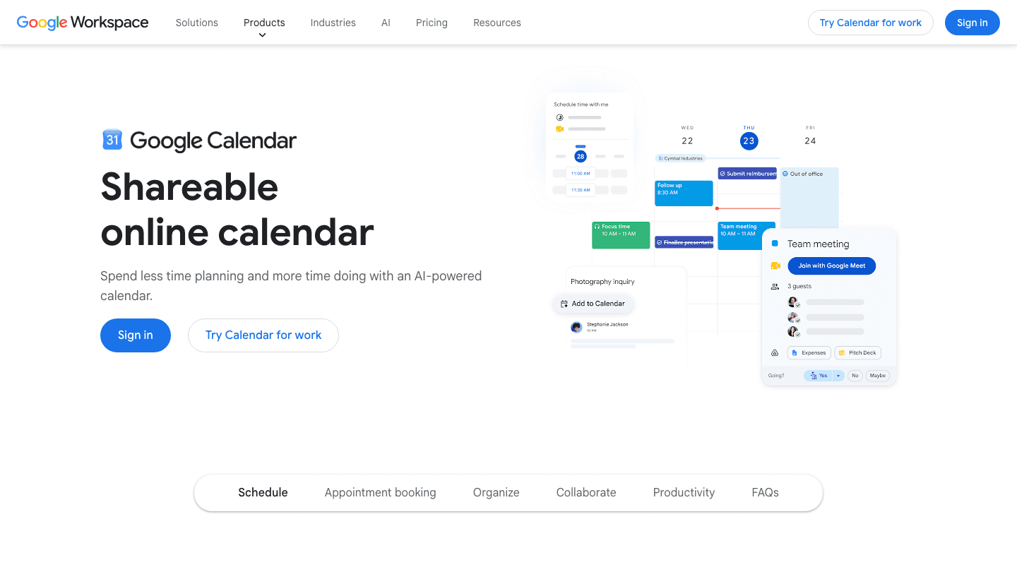 Google Calendar web app homepage