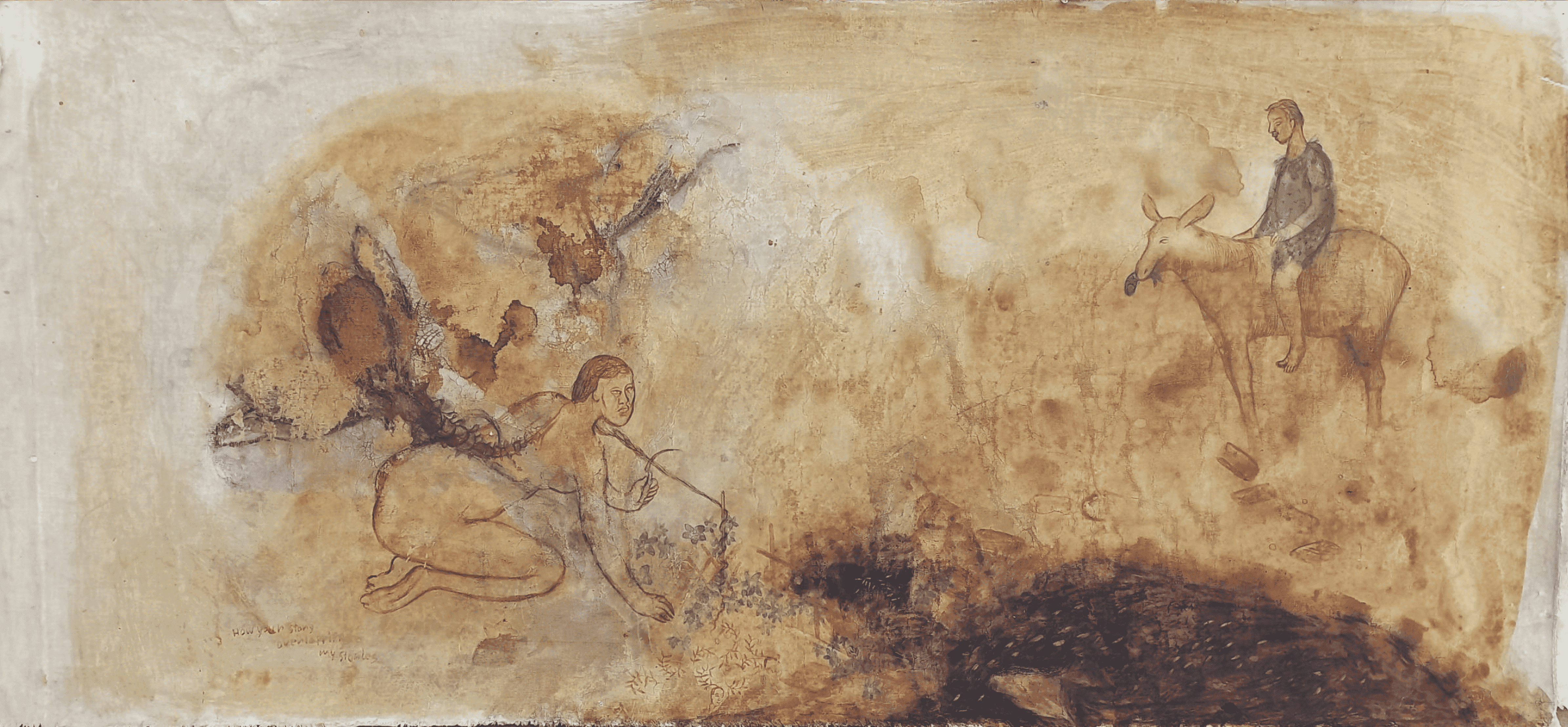 herd of sheep on road painting