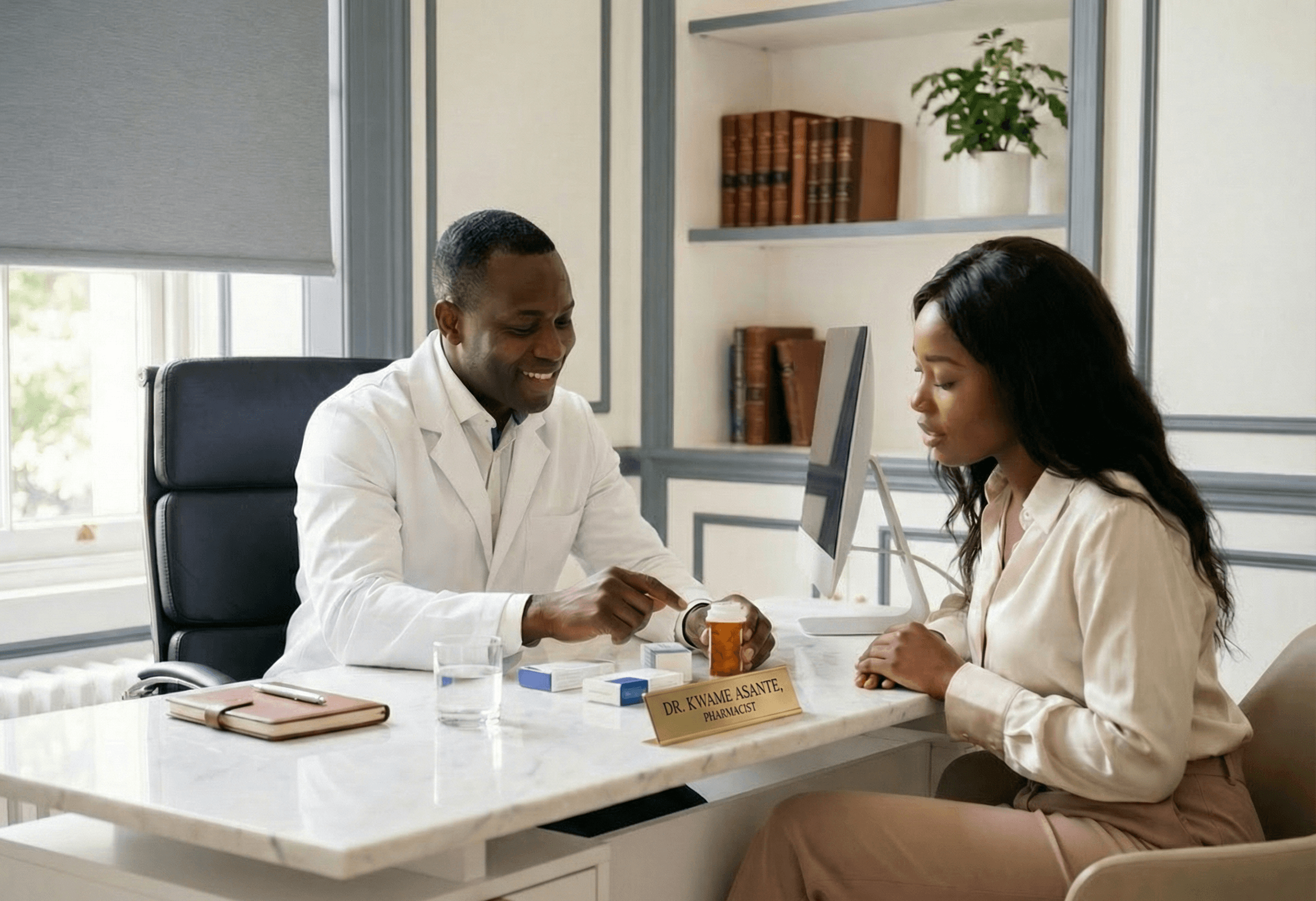 Professional pharmacist consultation with a young woman in a private pharmacy office, focusing on medication safety and avoiding common pharmaceutical errors.