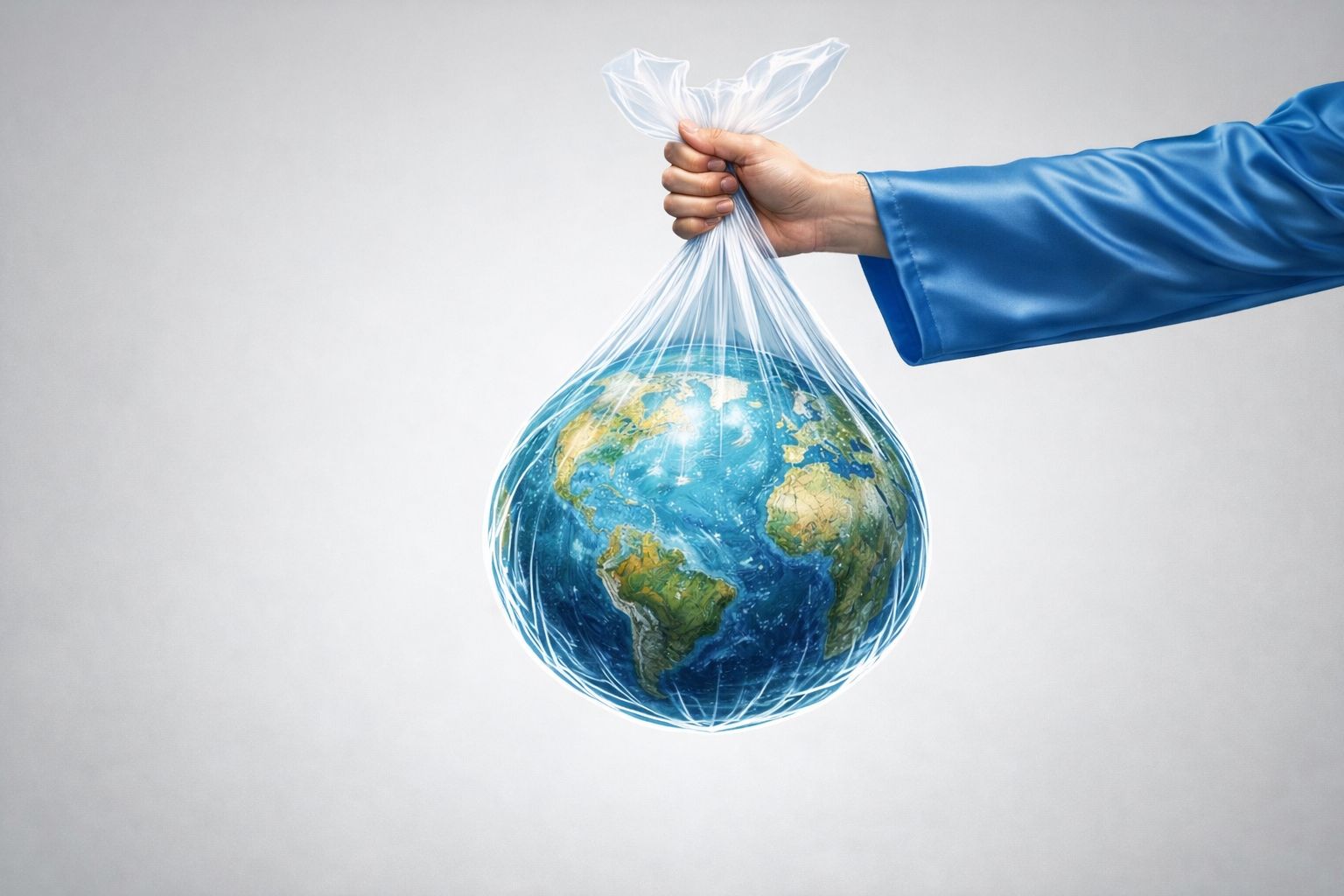 Hand holding Earth in a plastic bag, environmental concept