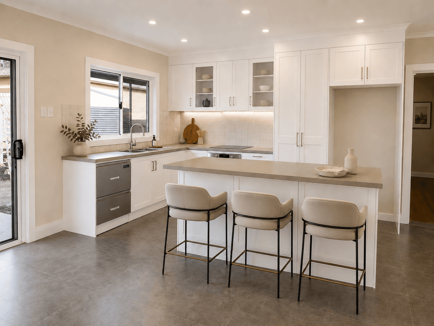 White kitchen with timber floor and table