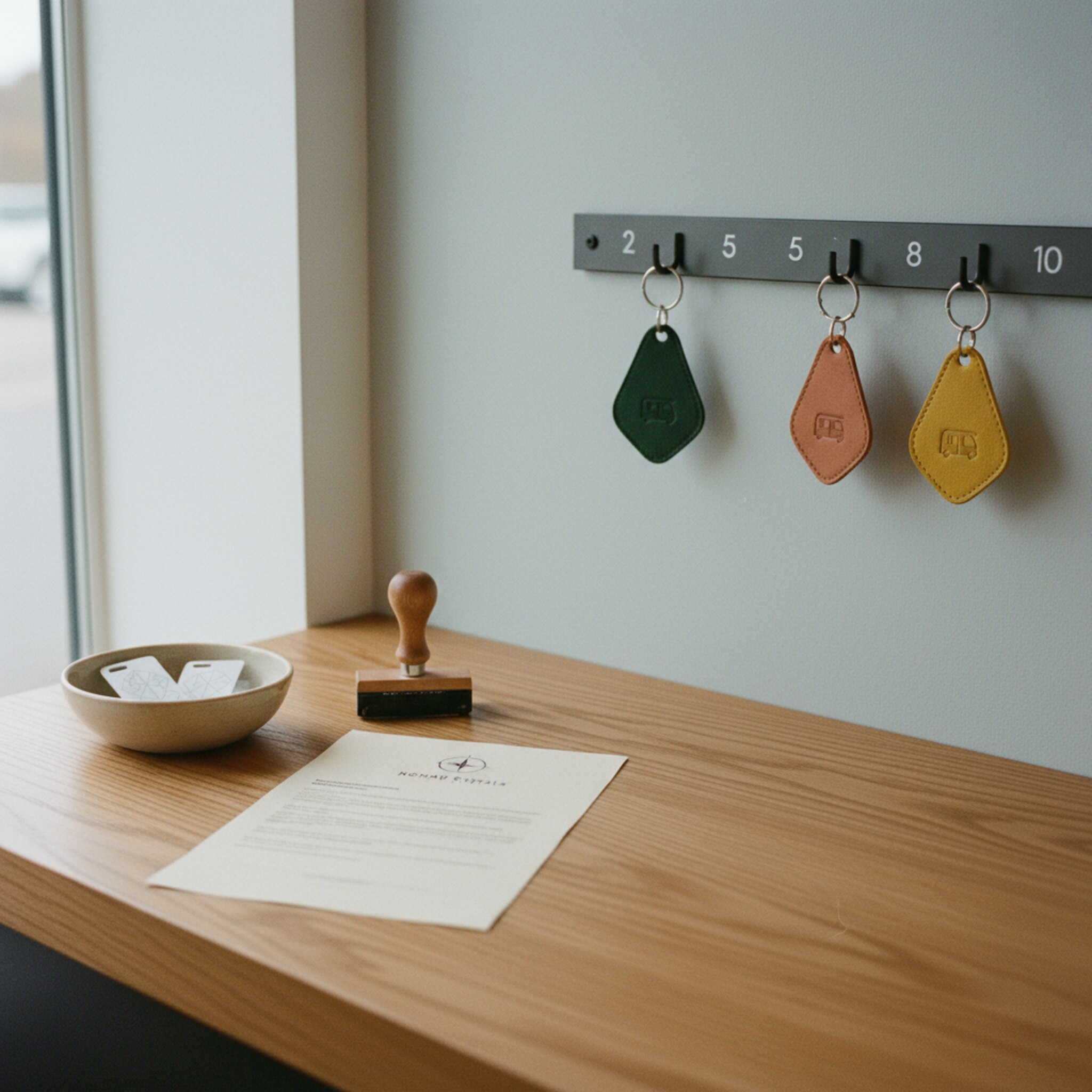 Ein sauberer Tresen mit einer kleinen Schale für Schlüsselkarten und einem ordentlich gefalteten Mietvertrag. Sonnenlicht streift die Holzmaserung, ein dezenter Stempel liegt griffbereit. Im Hintergrund hängen nummerierte Haken. Alles wirkt geordnet und vertrauenswürdig.