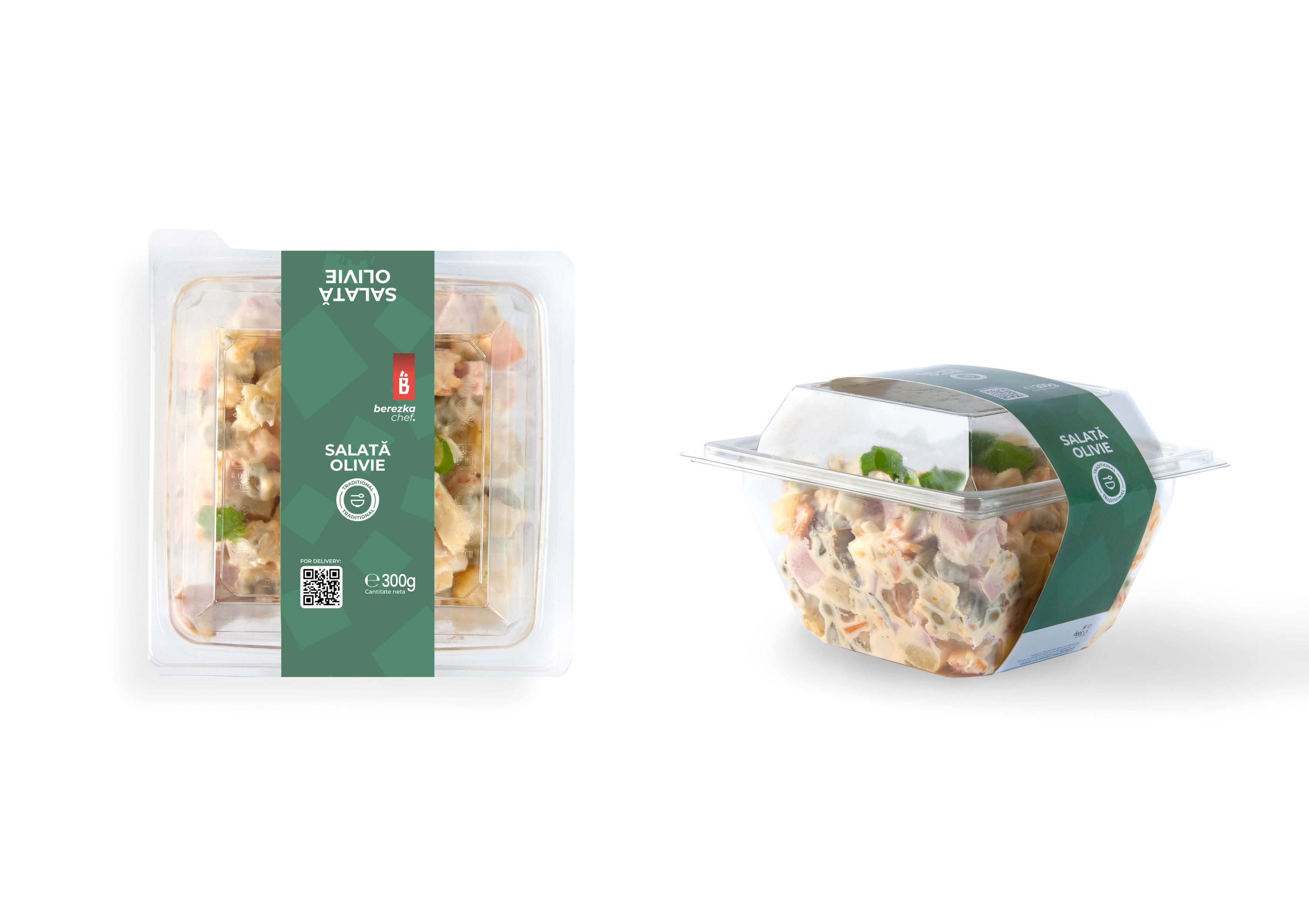Berezka Chef salad packaging — Olivie salad in a square plastic container with green label