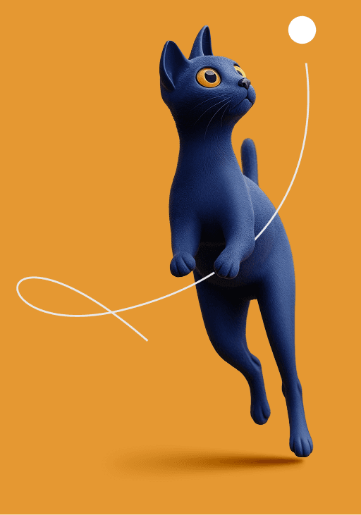 A sleek, dark blue cat with bright yellow eyes is playfully leaping towards a white ball against a warm orange background, with a white curved line tracing its path.