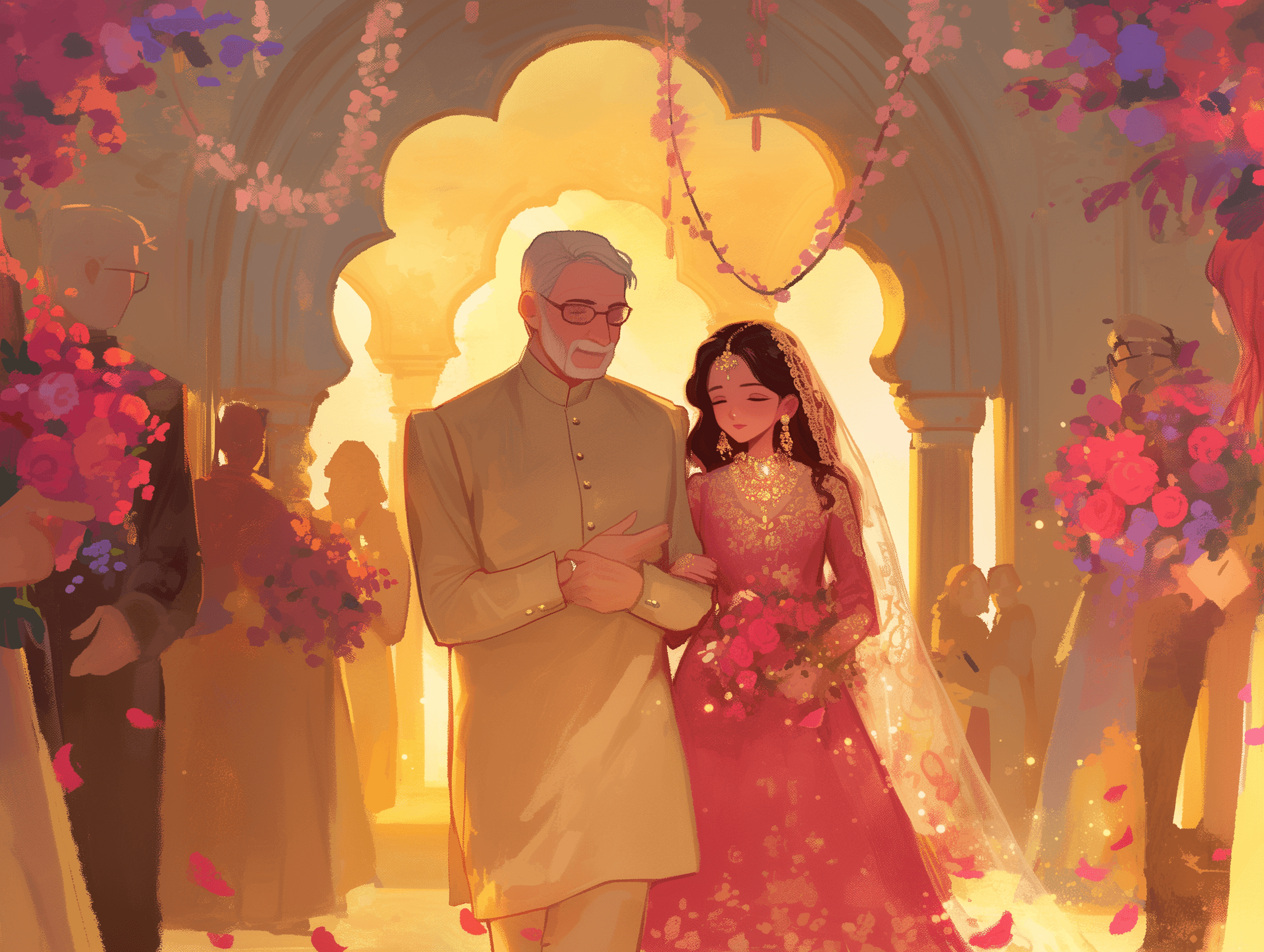 A couple dances closely, showcasing a flowing green dress, against a soft, blurred background of other guests.