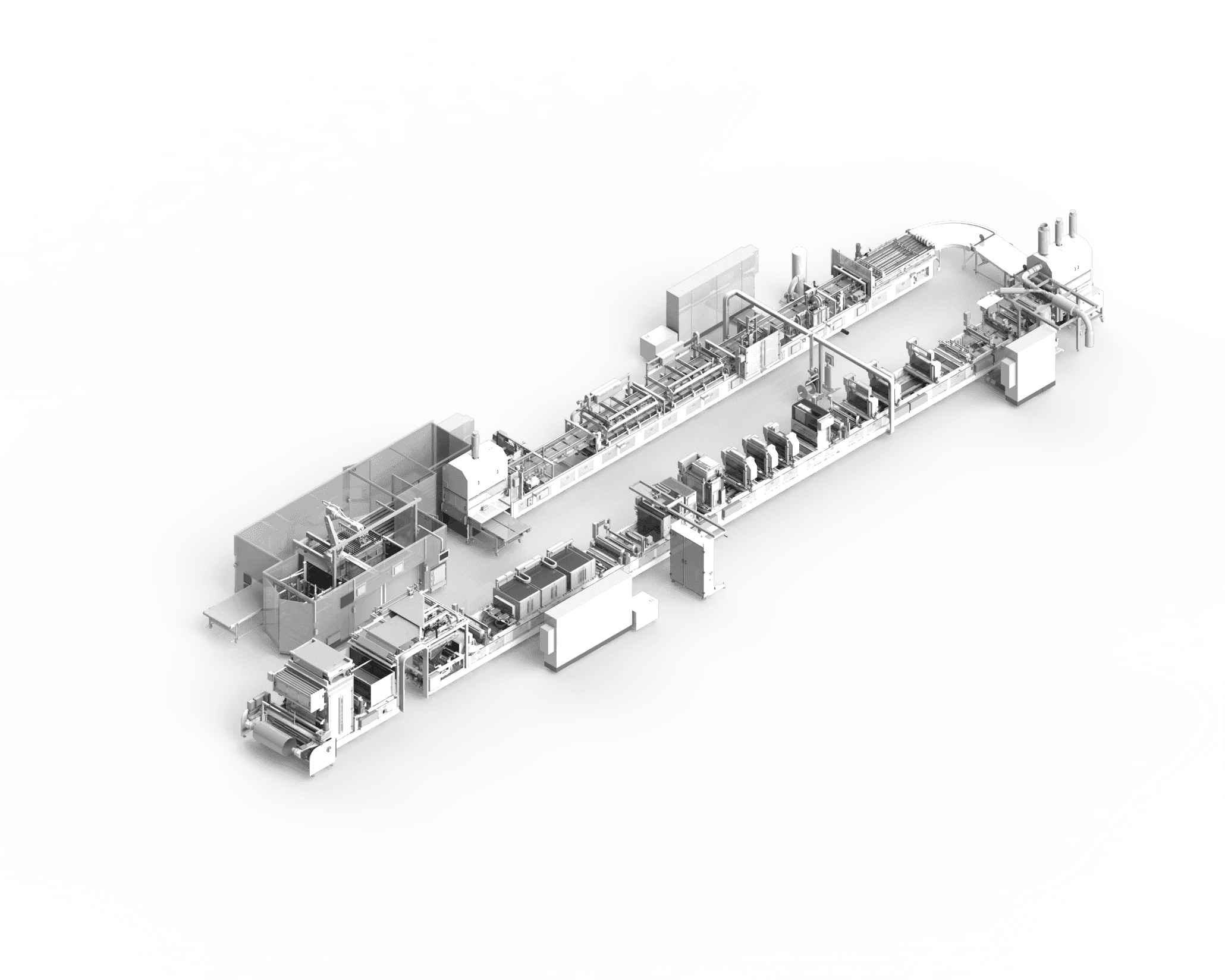 3D-Modell einer industriellen Produktionslinie. Maschinen und Anlagen zur Fertigung im Detail dargestellt. 