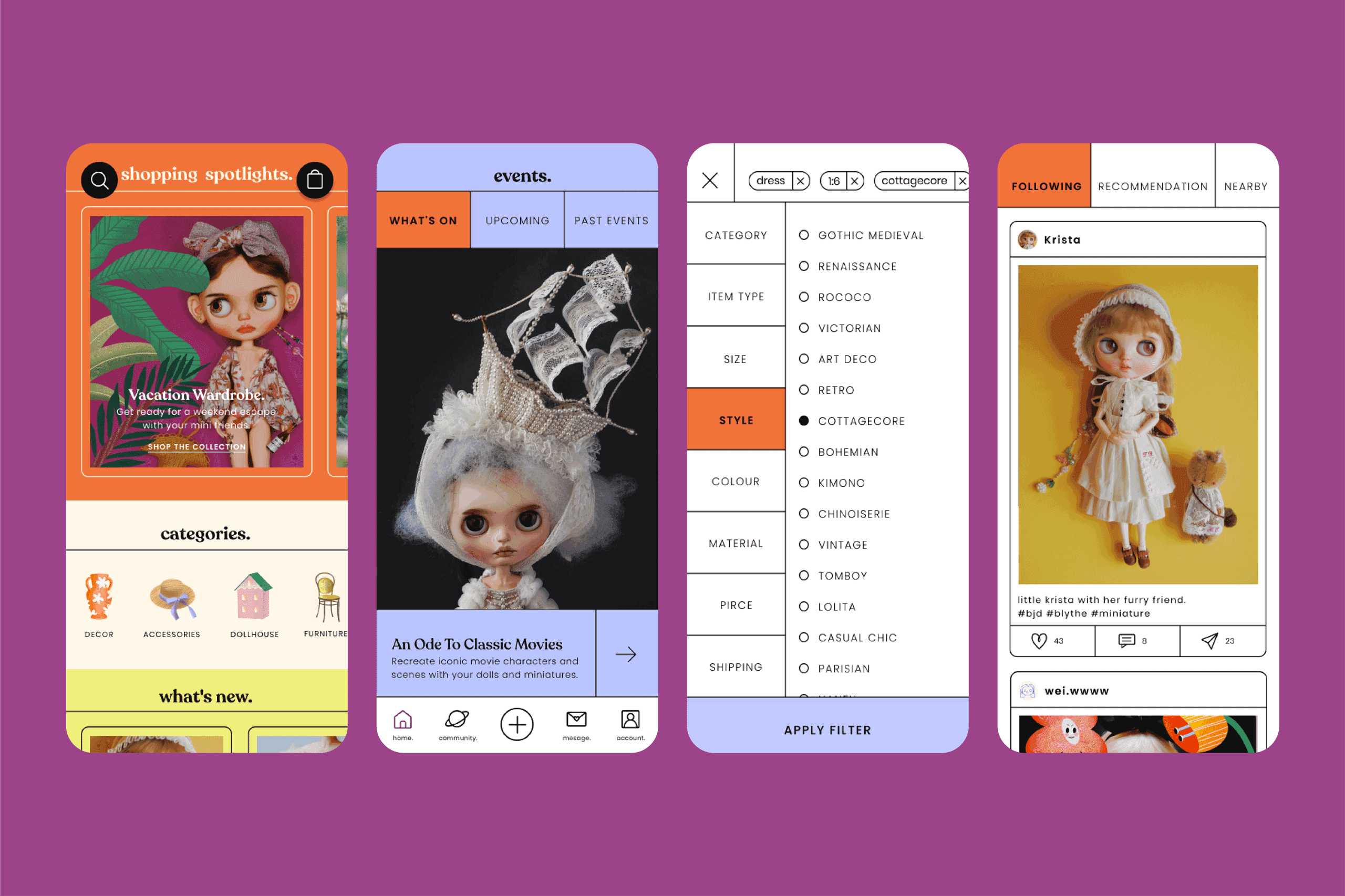 Four mobile apps are displayed on a purple background, each showcasing a distinct design and purpose.<br><br>1. **Shopping Spotlights**: A colorful app with a cartoon girl and text promoting “Vacation Wardrobe” and “Shop Your Collections.”<br>2. **Events**: A dark-themed app featuring an illustration of a princess in a crown and text “An Old To Classic Movies” with navigation options.<br>3. **Style**: A minimalist app with a yellow background and text “Style” and a child’s illustration.<br>4. **Recommendation**: A yellow app with a cartoon girl and text “Following Krista with her furry friend, blog #kristabytheminiature” and navigation options.