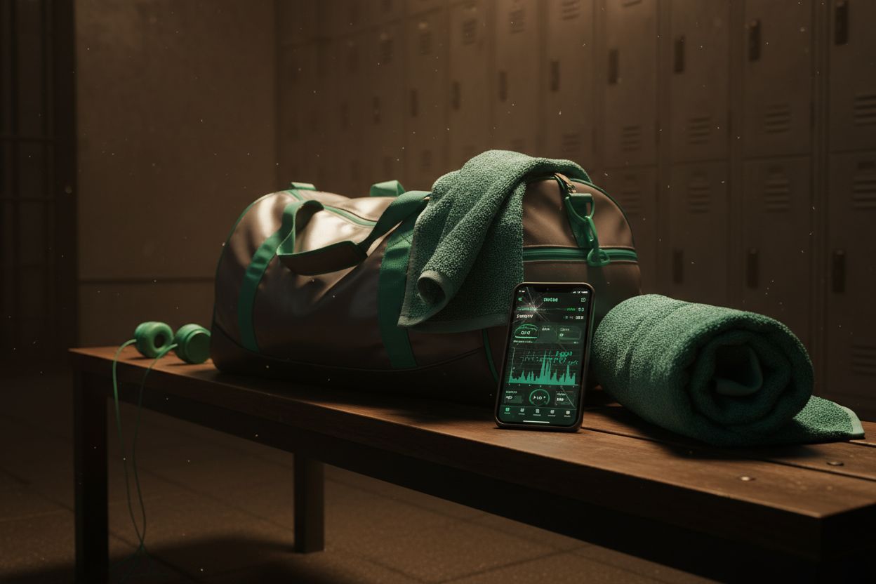 Gym bag, towel, and smartphone on a bench