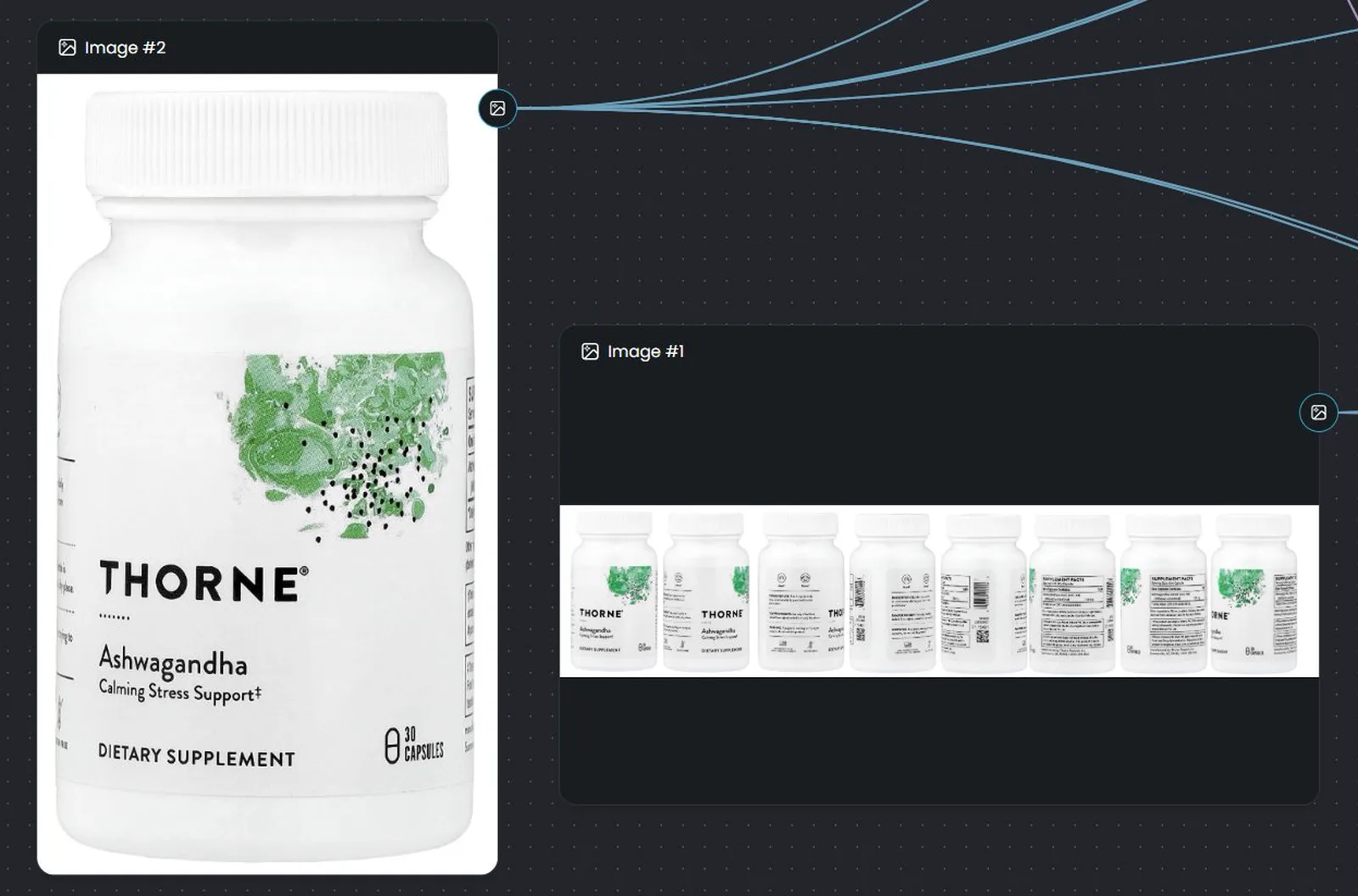 Thorne Ashwagandha product photos on the Maxfusion canvas: a clean bottle shot and a panoramic multi-angle strip feeding the Assistant node
