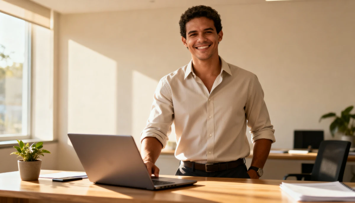 imagem de um contador com a mão no notebook