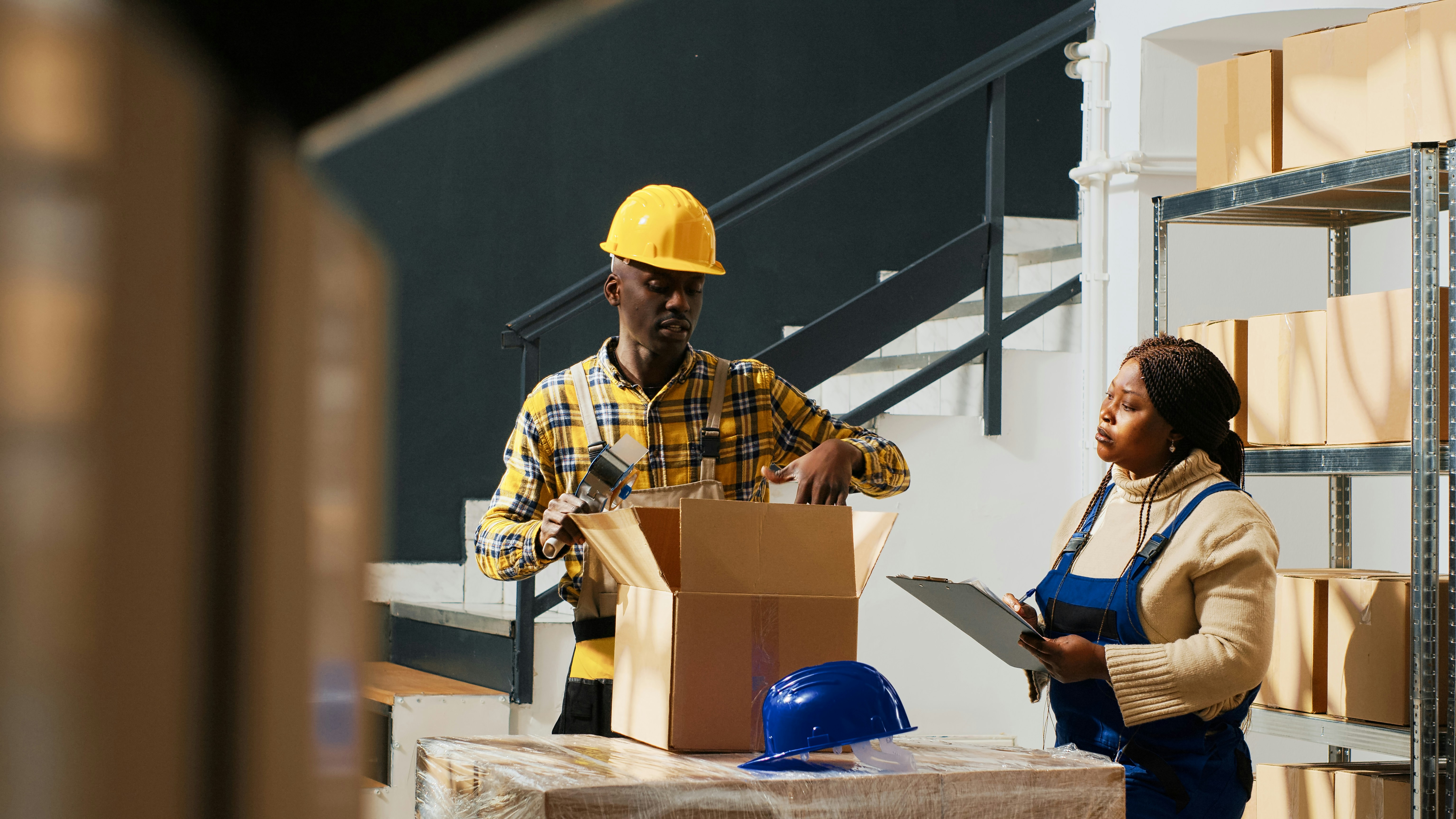 Two workers in a warehouse, wearing safety helmets. One is efficiently packing a cardboard box while the other, with a clipboard, stands beside shelves filled with products. A blue helmet rests on a pallet in the foreground, showcasing their streamlined training process.