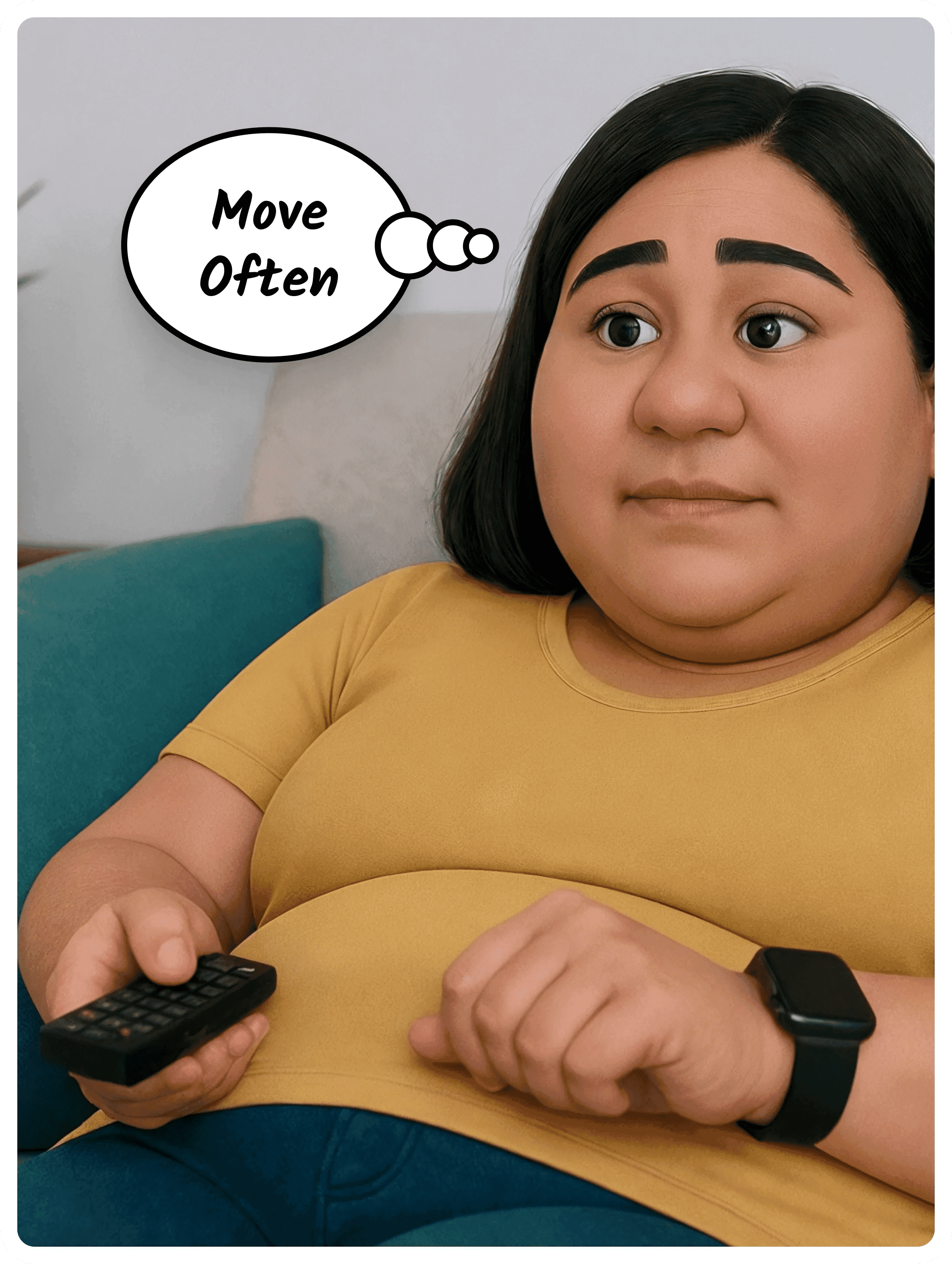 Illustration for “A workout a day keeps the couch away,” a Move Often Patch. Luz knew she should get some exercise. She had plenty of excuses for not wanting to move. Her…