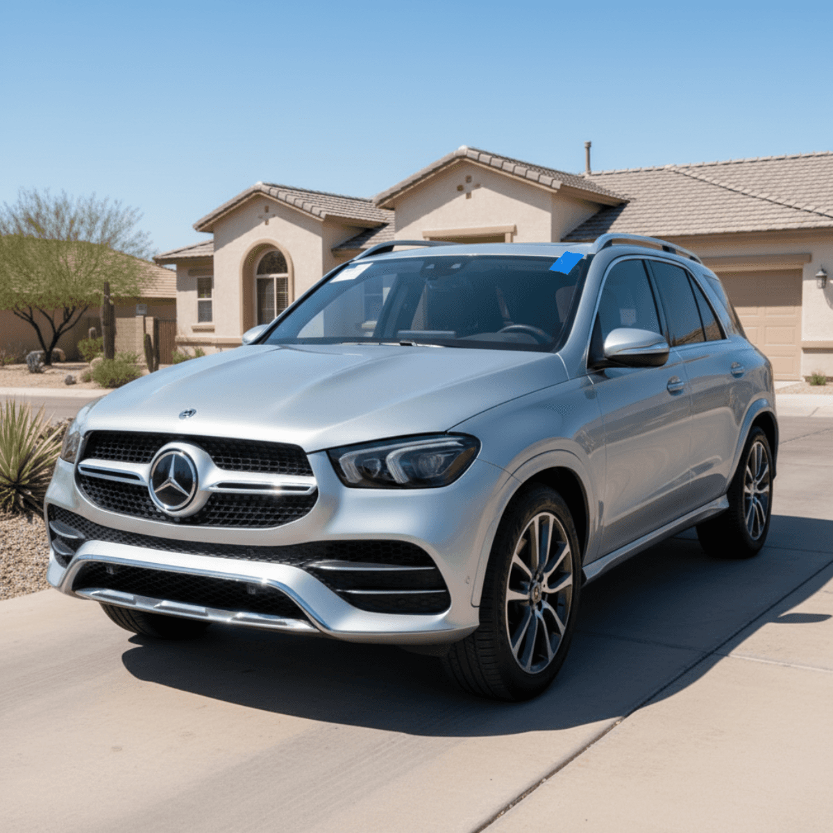 Silver Mercedes-Benz GLE SUV looking sharp after a windshield replacement outside a Peoria, AZ family home