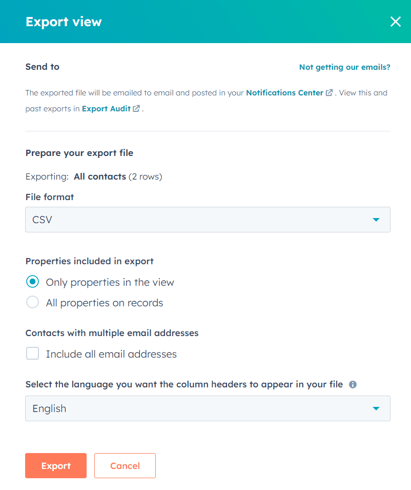 Export View dialog box opens