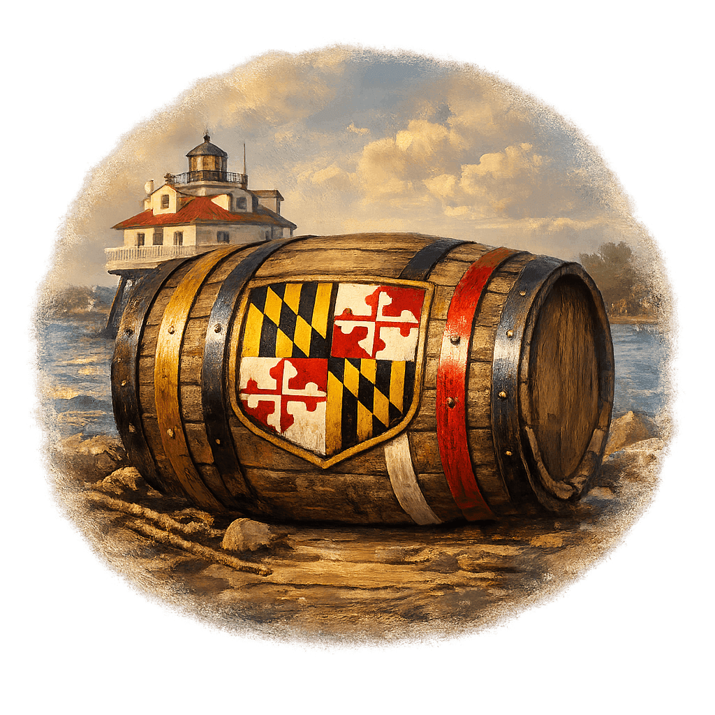 Wine barrel featuring the Maryland national emblem for regional wine education.