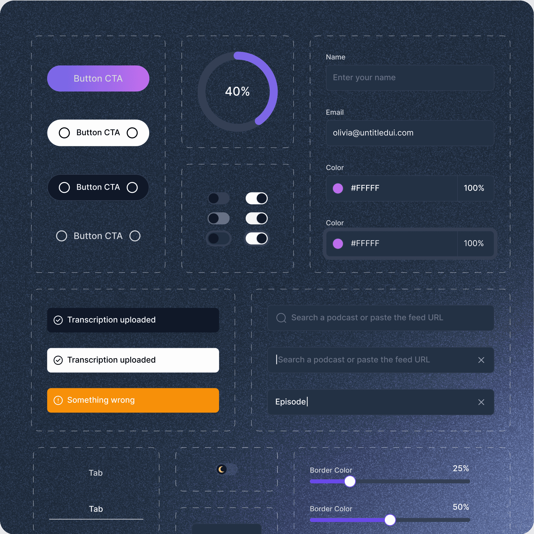 A user interface design system displaying various elements including buttons, switches, a progress circle, form inputs, tabs, and sliders. The buttons have different styles such as primary, secondary, and dark modes. The form inputs show fields for name, email, and color. Toggle switches are shown in both on and off states. The progress circle is at 40%. There are also indicators for transcription uploads and error messages. Sliders for adjusting border colors are included, along with search and episode input fields.