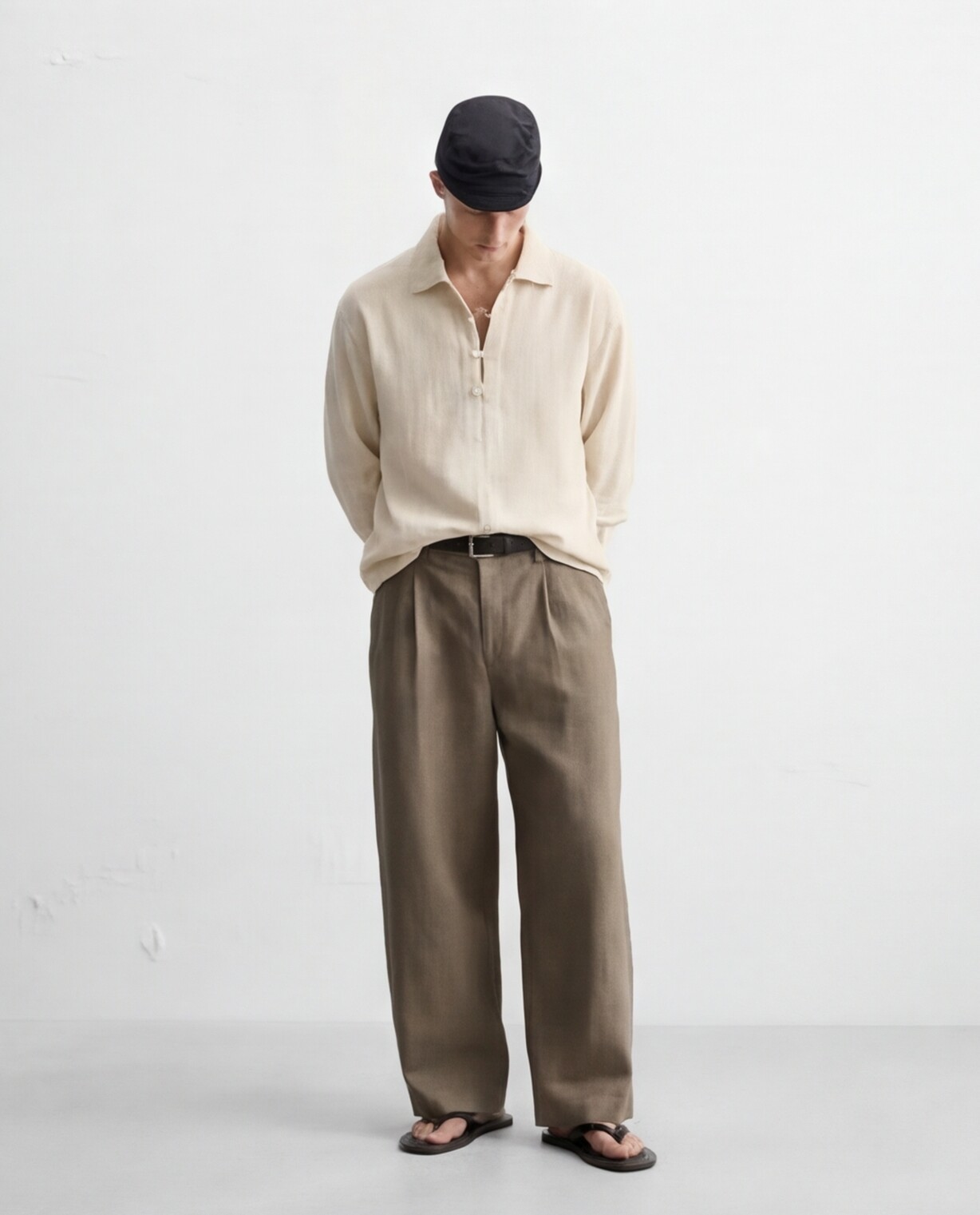 Cream Textured Shirt with Olive Trousers