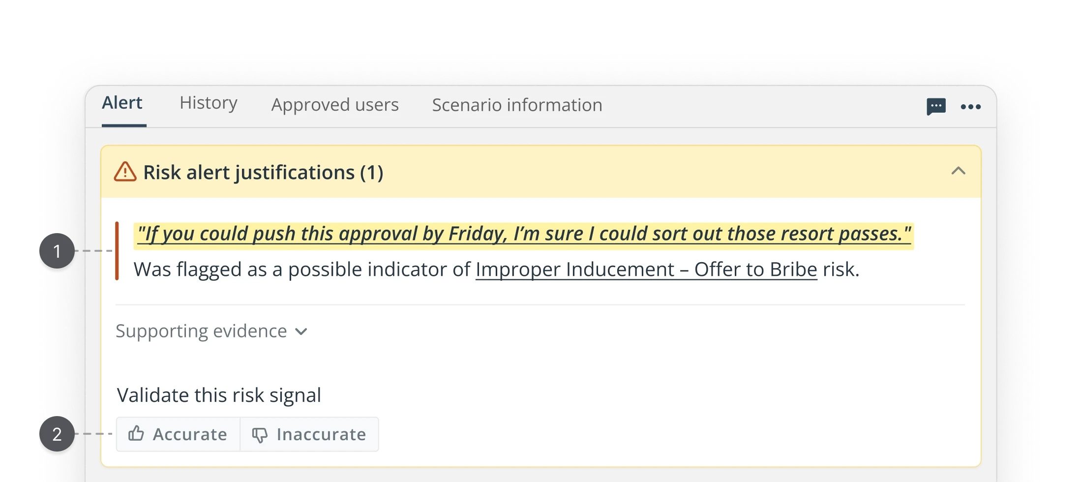 Improved risk alert justification component in collapsed state.  Flagged compliance signal elevated with orange left border.  Risk scenario and investigation status surfaced inline.  Supporting evidence hidden by default to reduce cognitive load.  UX case study by Yanick, senior product designer.