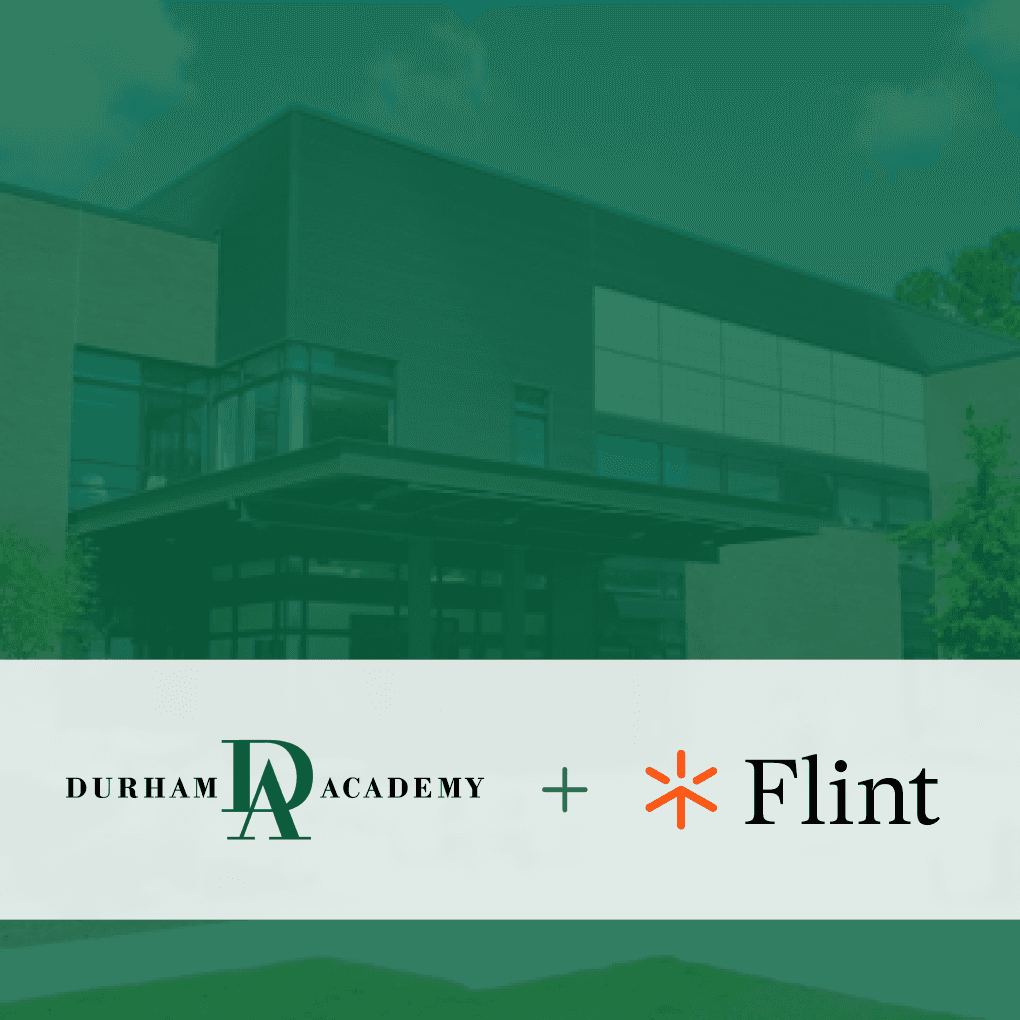 Durham and Flint logos on red-tinted campus image from Durham