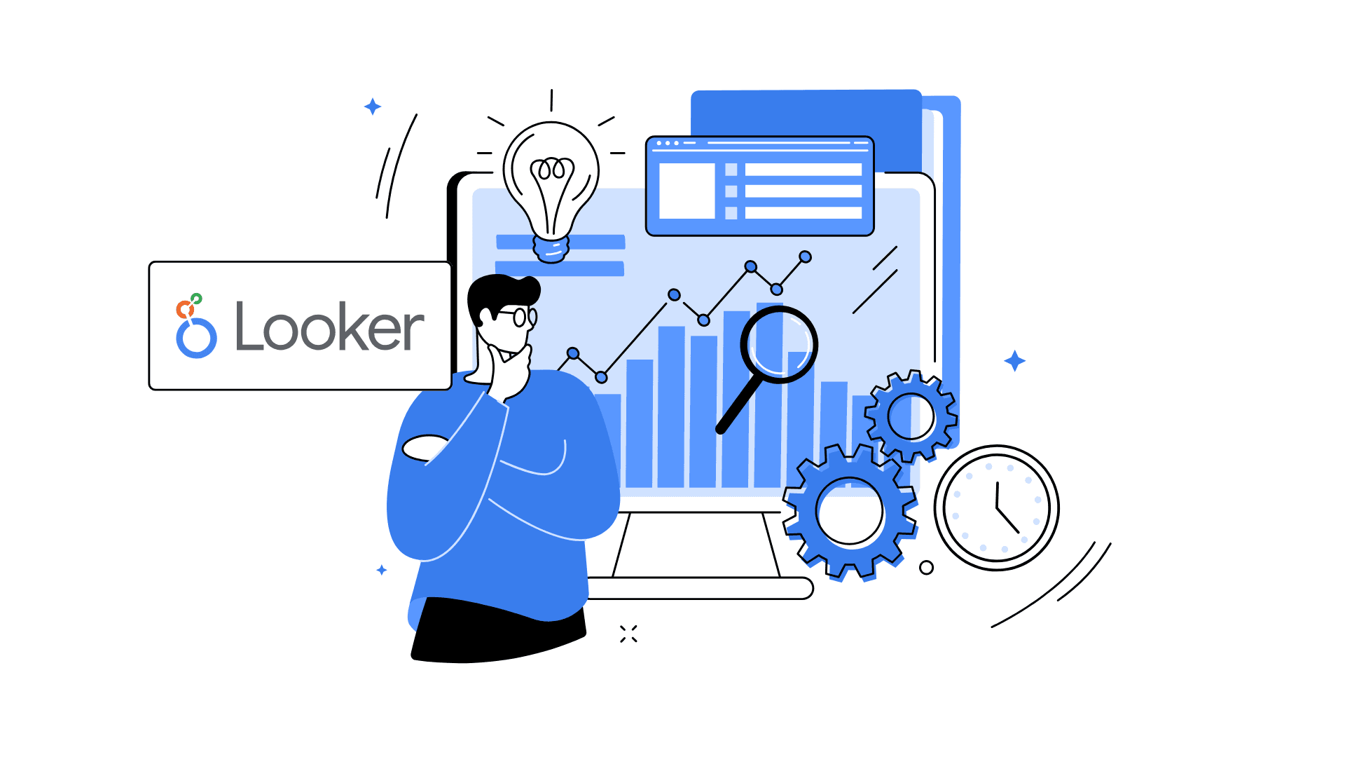 Illustration featuring Looker Logo and timeseries dashboards.