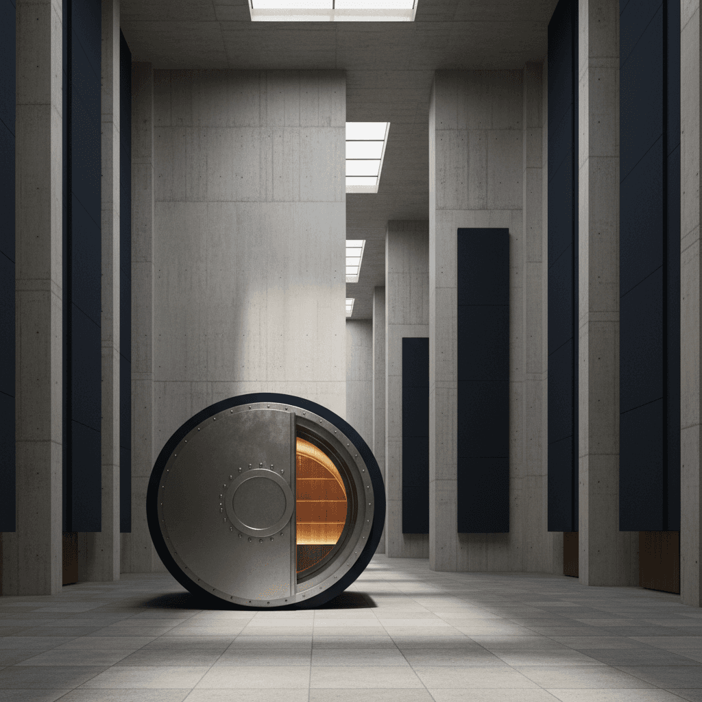 Editorial photograph of the interior of a minimalist, brutalist-style bank hall with high ceilings and natural light. In the foreground, a massive, modern, circular vault door made of brushed steel is slightly ajar. The color palette is dominated by concrete grays (#20242B), Agintex brand navy blue (#1F3B5B) accents on wall panels, and warm wood tones. The upper-left third of the image is a clean, out-of-focus concrete wall, providing ample space for text overlay. Aspect ratio 16:9. Photorealistic, shot with a wide-angle lens, no people, no text, no logos, no watermarks.