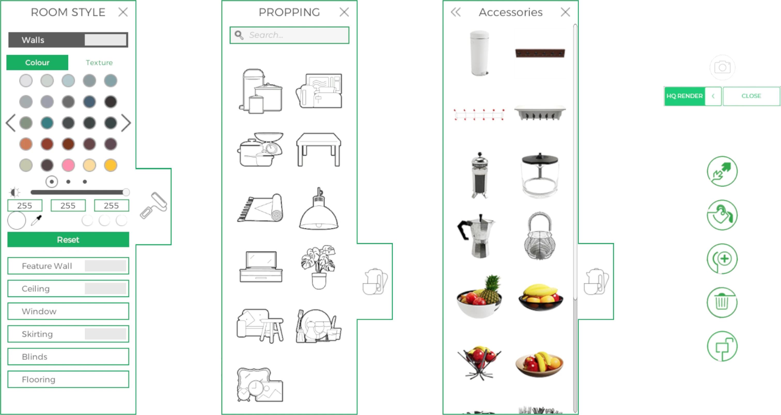 Legacy UI of a 3D kitchen planner, showing options for wall colors, furniture placement, and accessory selection.