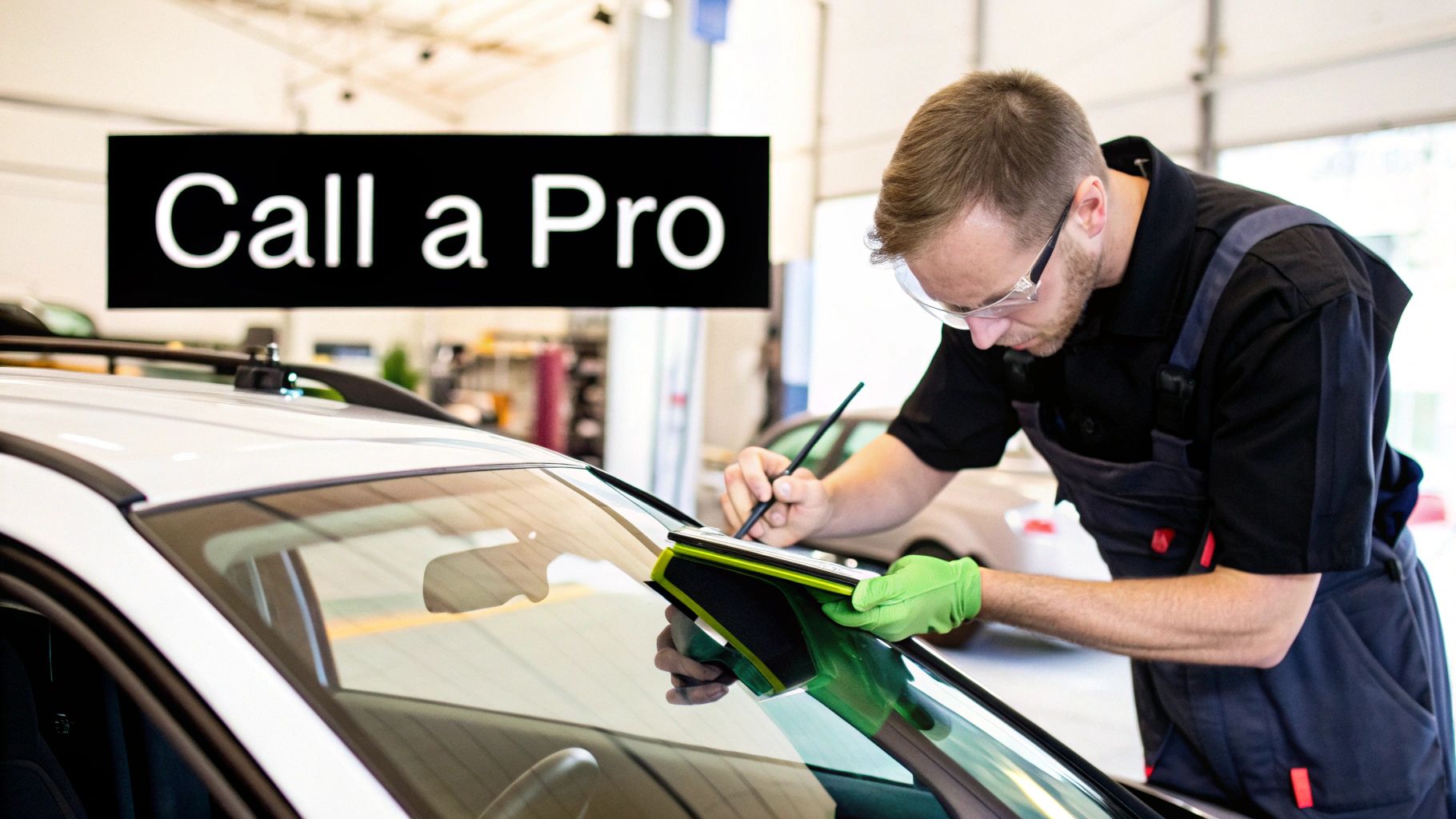 Professional technician repairing a windshield chip