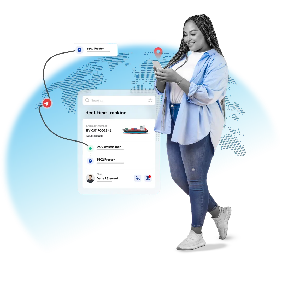 Woman using cargo tracking software on her phone with a real-time shipment tracking interface and global map background.