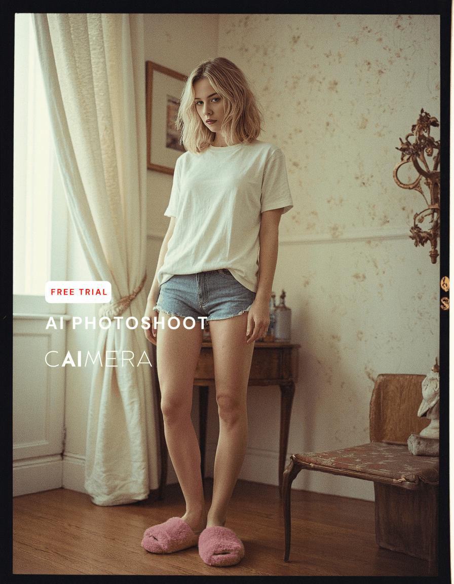 Stylish loungewear photo with white t-shirt, denim shorts and pink slippers in a sunlit vintage room with floral wallpaper