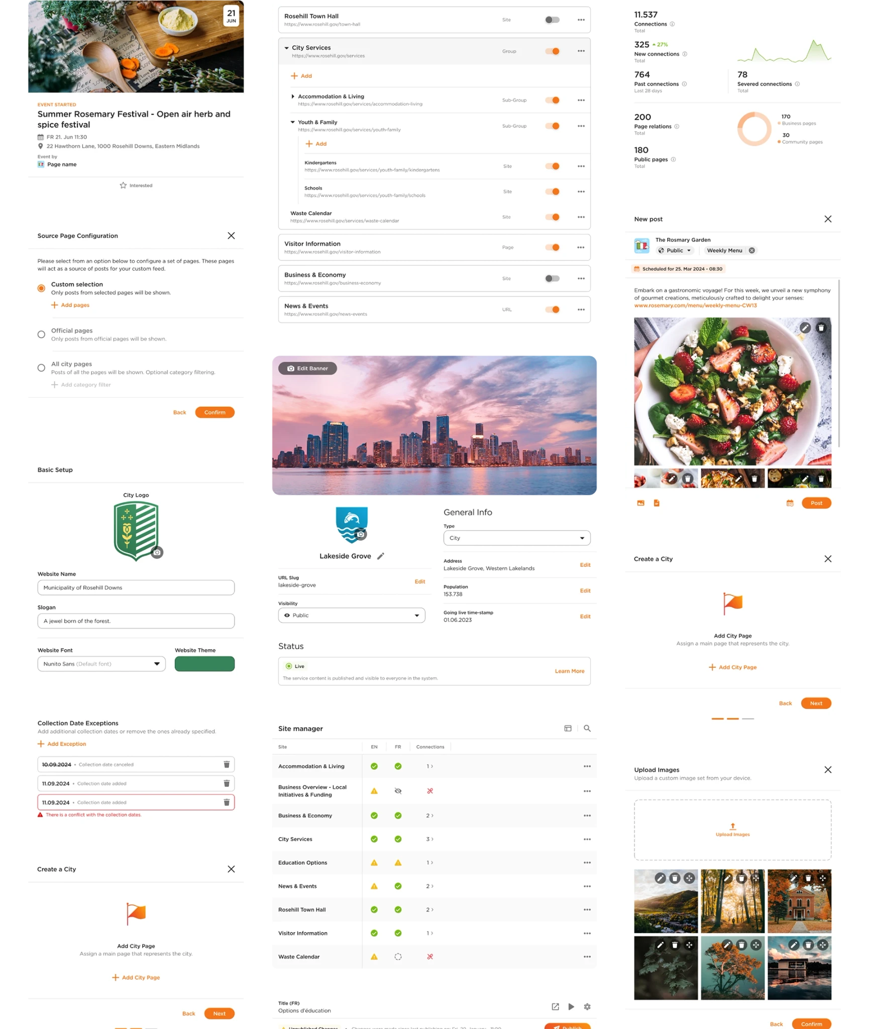 Three columns of floating cards with UI elements.