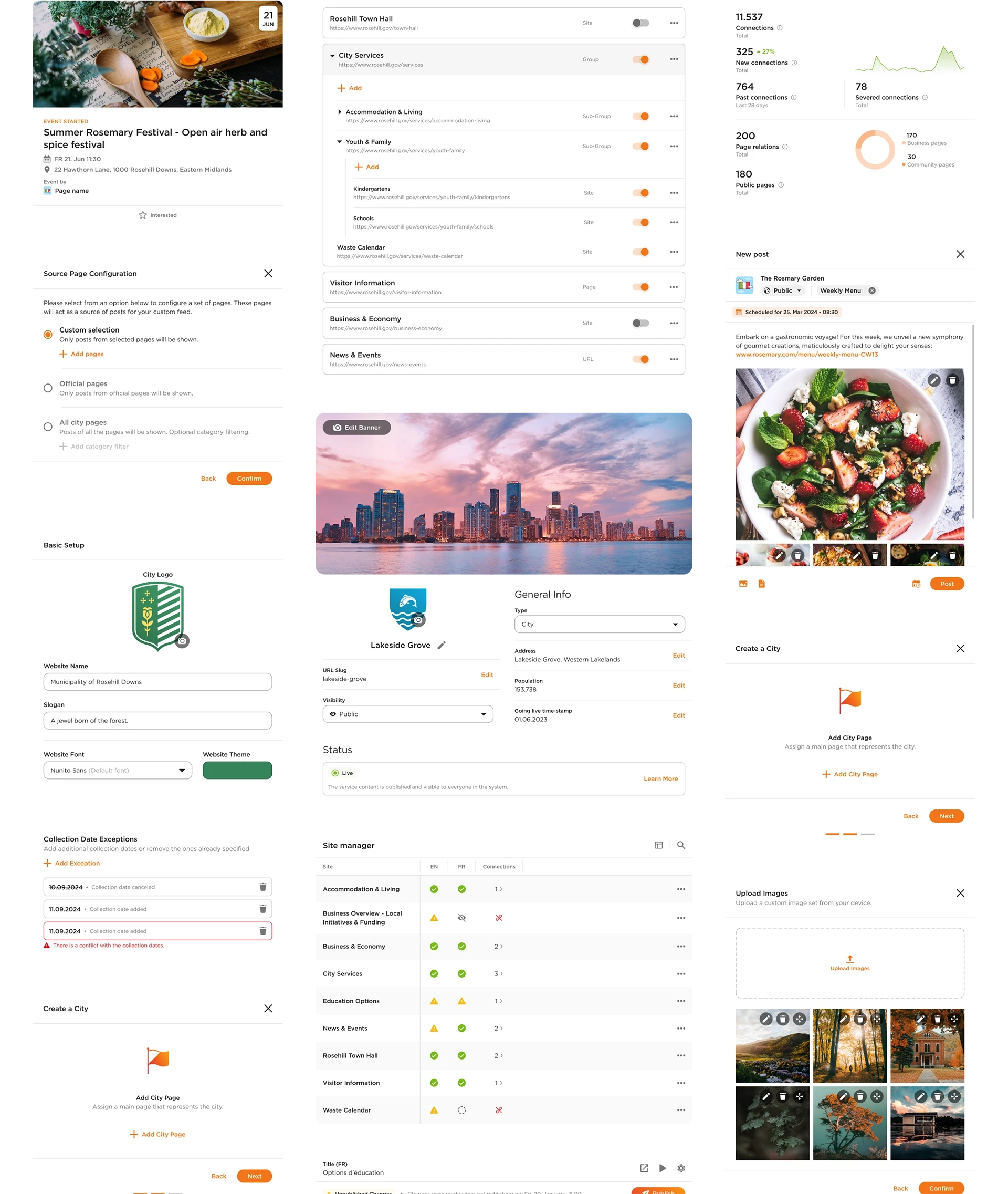 Three columns of floating cards with UI elements.