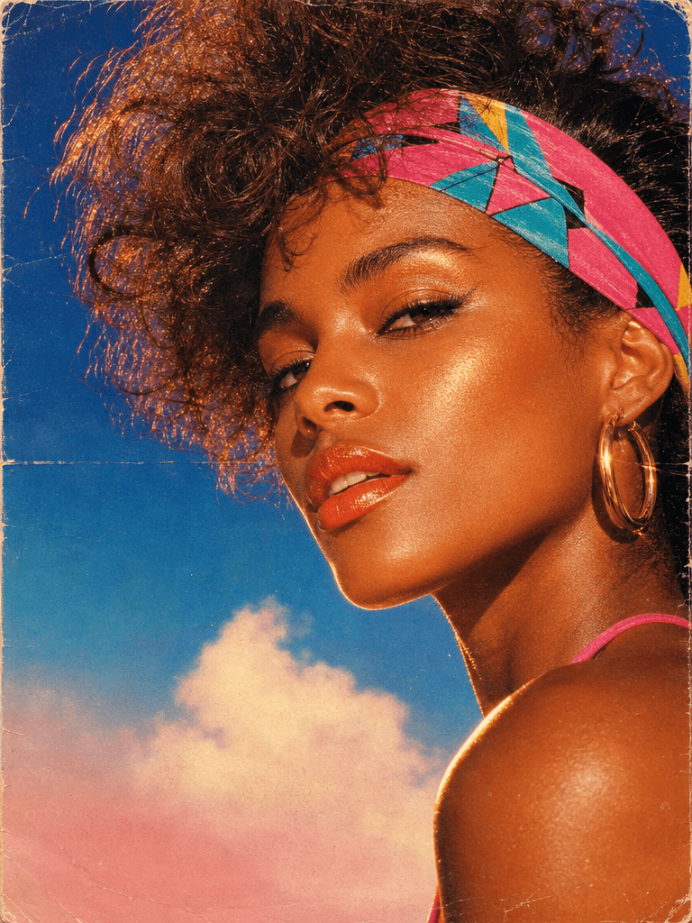 A Polaroid-style card featuring a close-up portrait of a woman with deep brown skin wearing a colorful headwrap, captioned "Designed for Melanin-Rich Skin — First. No white cast. No compromise. Tinted for medium to deep complexions."