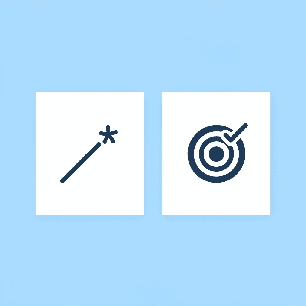 Before: confused user with magic wand; After: focused user with clear instructions