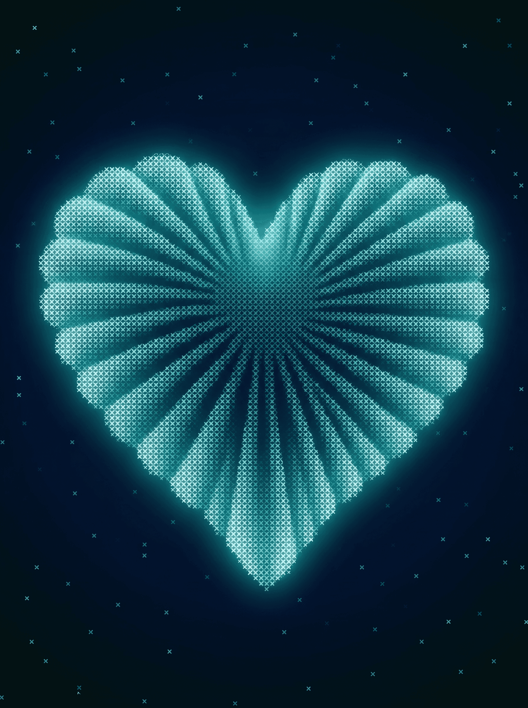 Illustrazione digitale a pixel di un cuore luminoso teal su sfondo scuro — xsolve Digital Studio