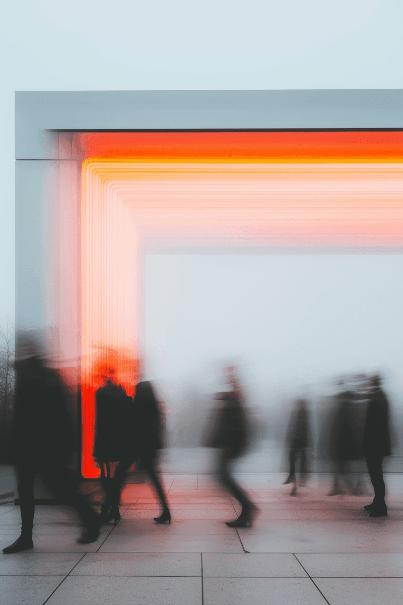 People walking through a foggy area illuminated by red lights, creating a mysterious and atmospheric scene.
