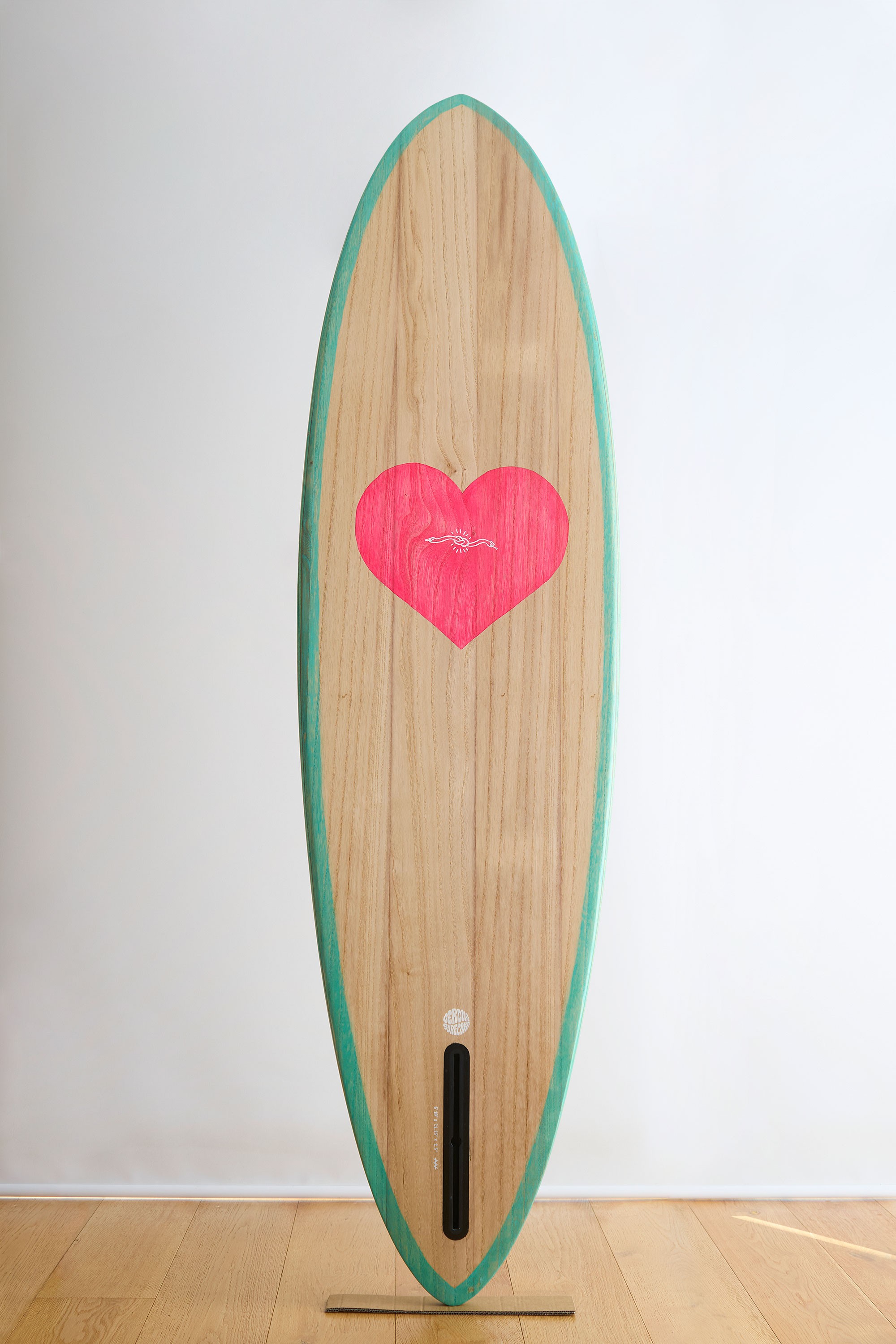 Timber surfboard with hand painted pink heart