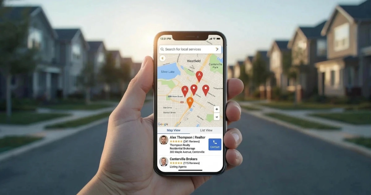 Smartphone screen showing a Google Maps local 3-Pack with real estate agent listings highlighted