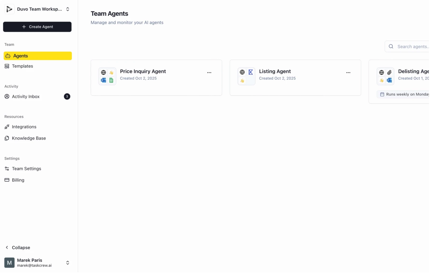 DUVO AI Agent Builder Screen