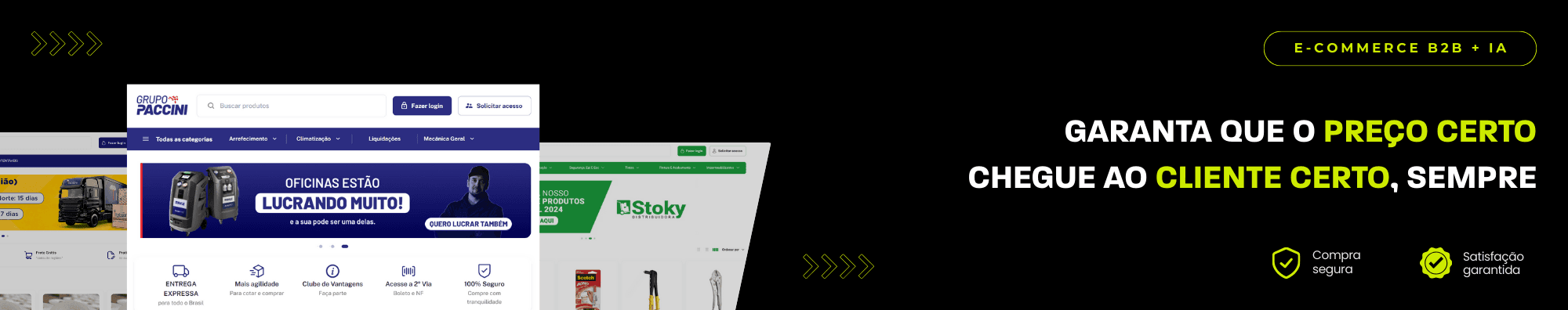 Banner horizontal com fundo escuro, ícones de segurança e satisfação, e imagens de lojas B2B exibidas à esquerda. Elementos gráficos em verde destacam o tema de e-commerce B2B com IA.