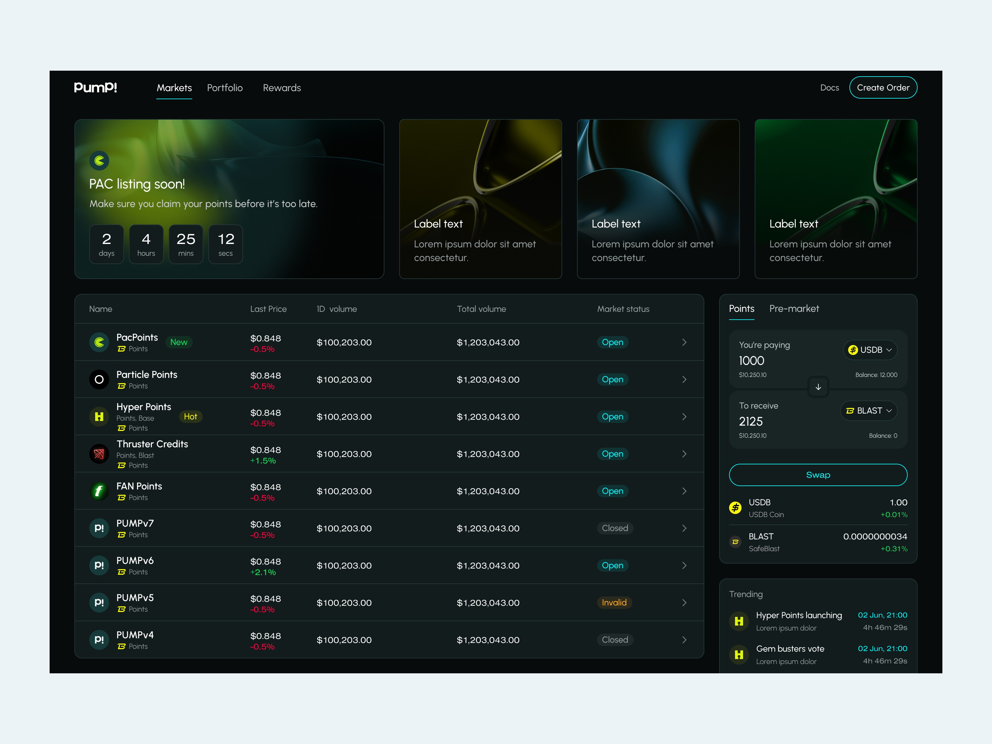 Pump Markets crypto trading marketplace dashboard