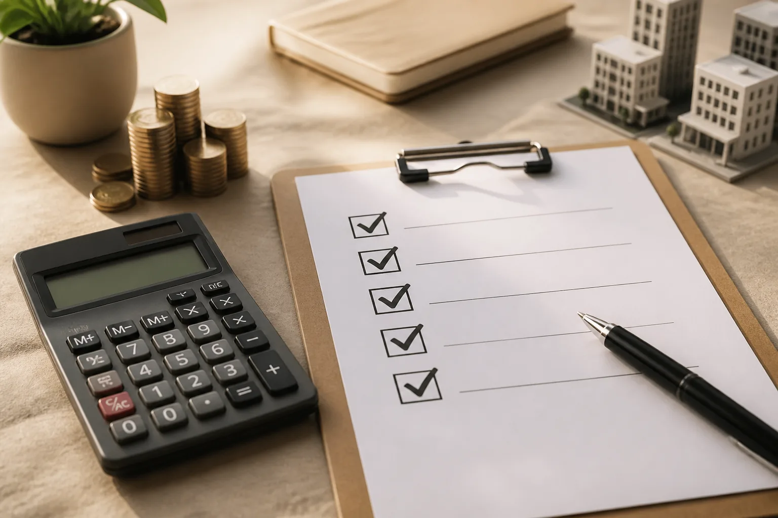 Business Setup Quote Checklist beside an itemised cost breakdown with stacked coins and a calculator