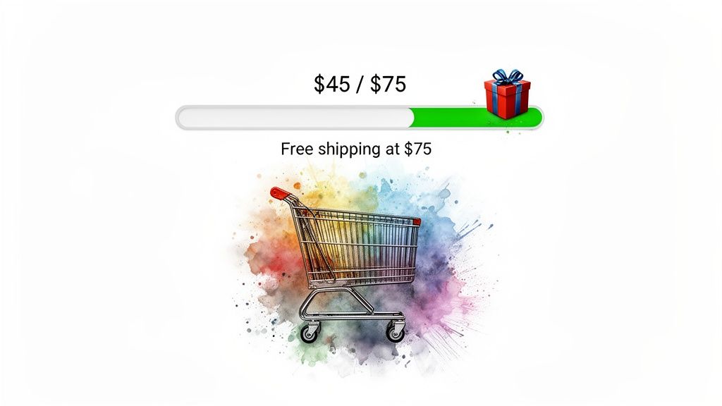 Progress bar showing $45 spent towards $75 for free shipping, with a shopping cart and a red gift box.