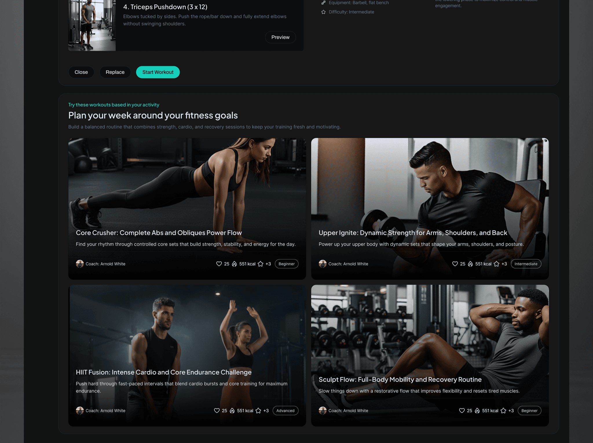 Forma dashboard interface showing a workout library with four fitness sessions including core, strength, cardio, and mobility programs, each with coach profiles, difficulty levels, and calorie information.