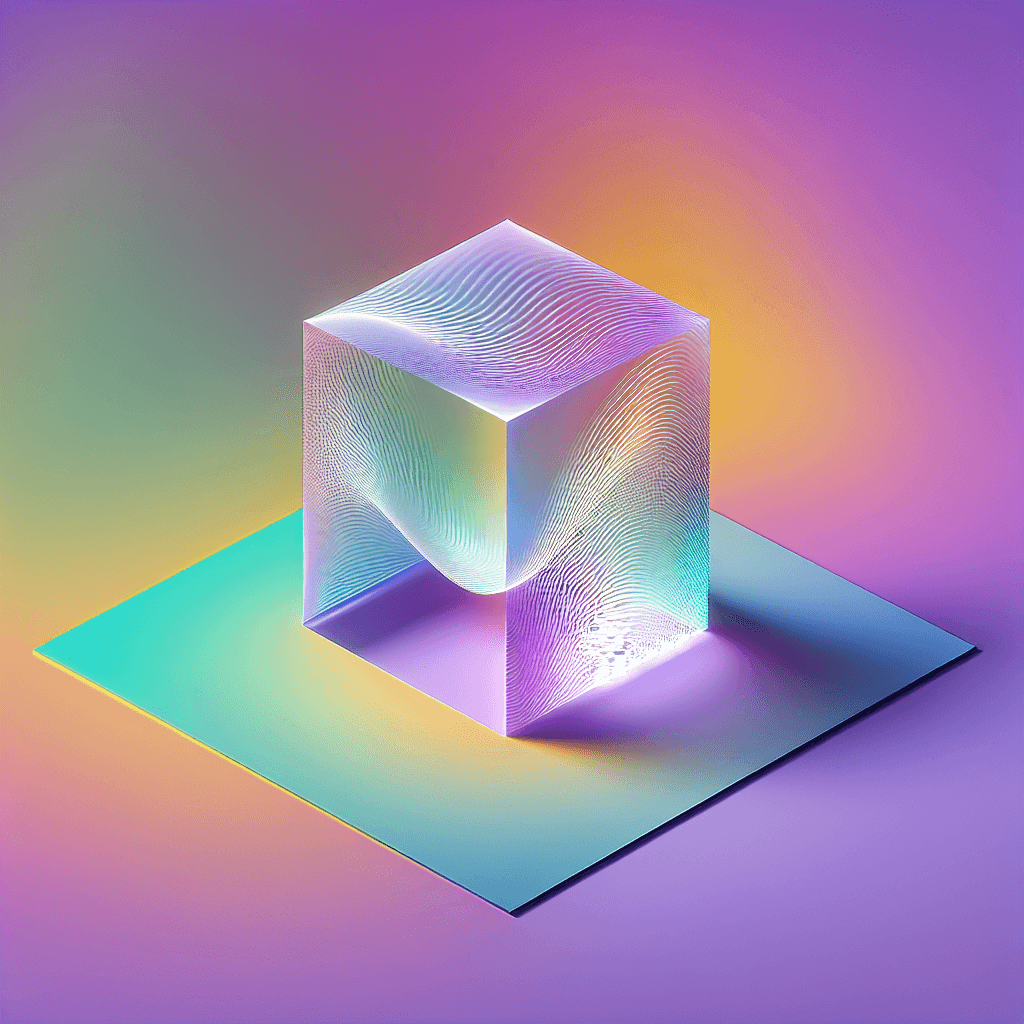 A 3D cube made of a sort of wrinkled glass material and a background with purple, mint and amber colors