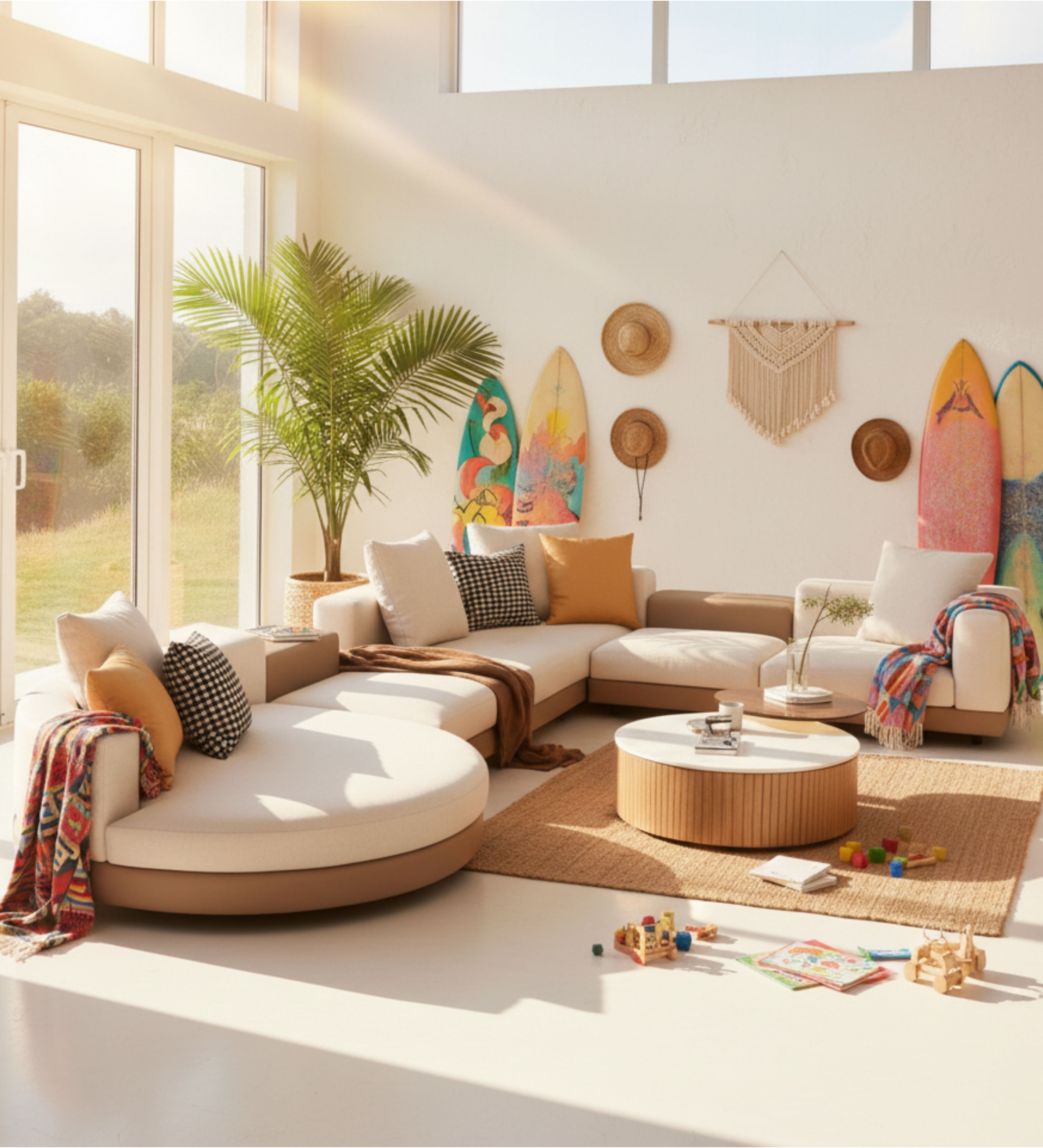 Curved lounge seating arranged in a bright, relaxed living room setting