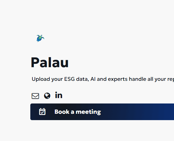 Palau solution profile on KanataQ, showing the provider's logo, the tagline 'Upload your ESG data, AI and experts handle all your reporting,' contact icons, and a 'Book a meeting' button.