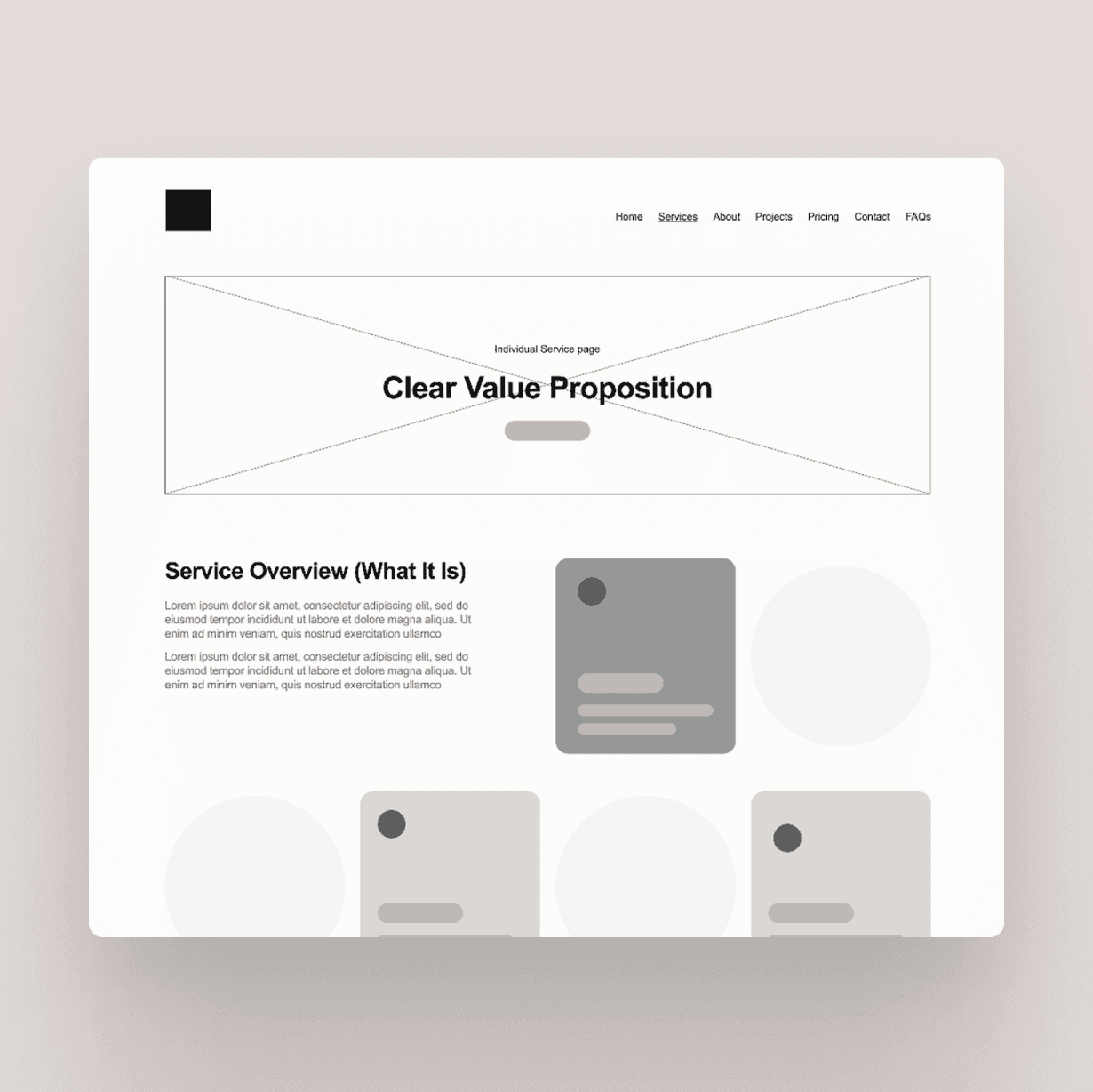 Website wireframe mockup displaying clear value proposition, service overview, and service detail mockups for individual service page.