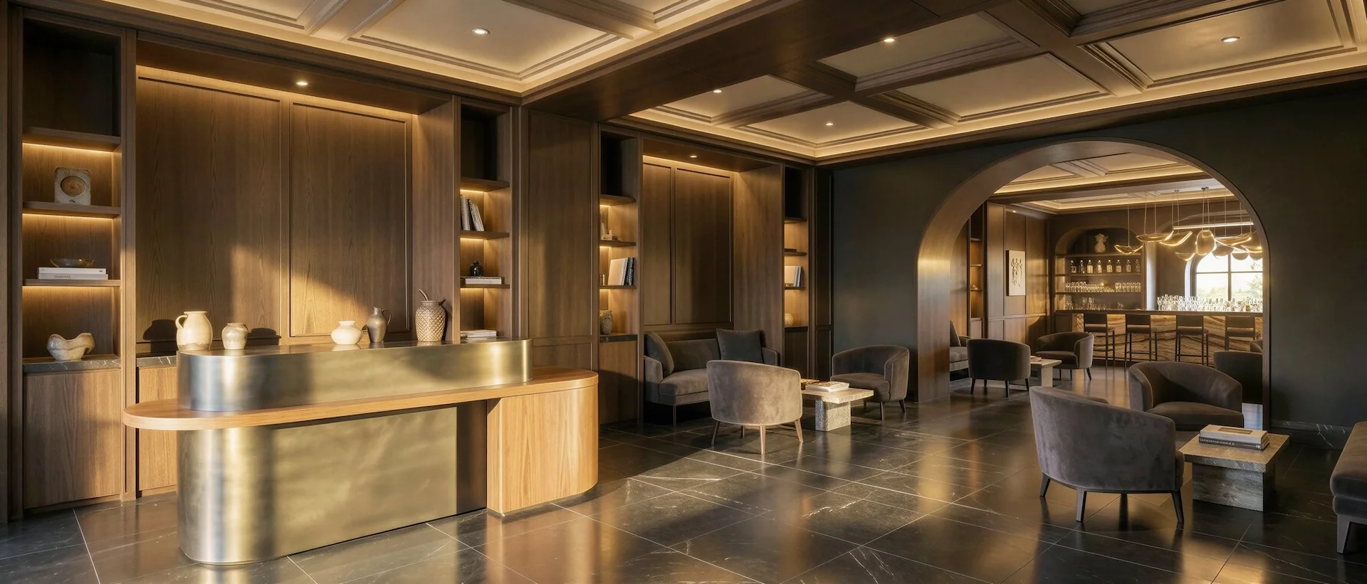 Hotellobby met messing balie, eiken wandbetimmering en een cassetteplafond met indirecte verlichting